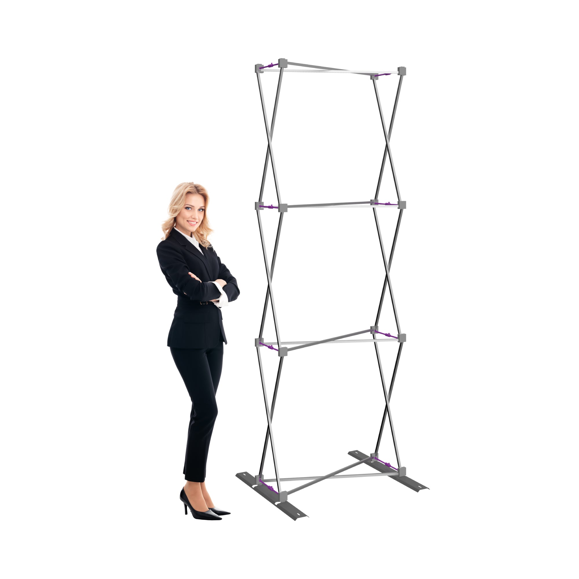 Professional woman standing next to collapsible trade show display frame for exhibitions and events