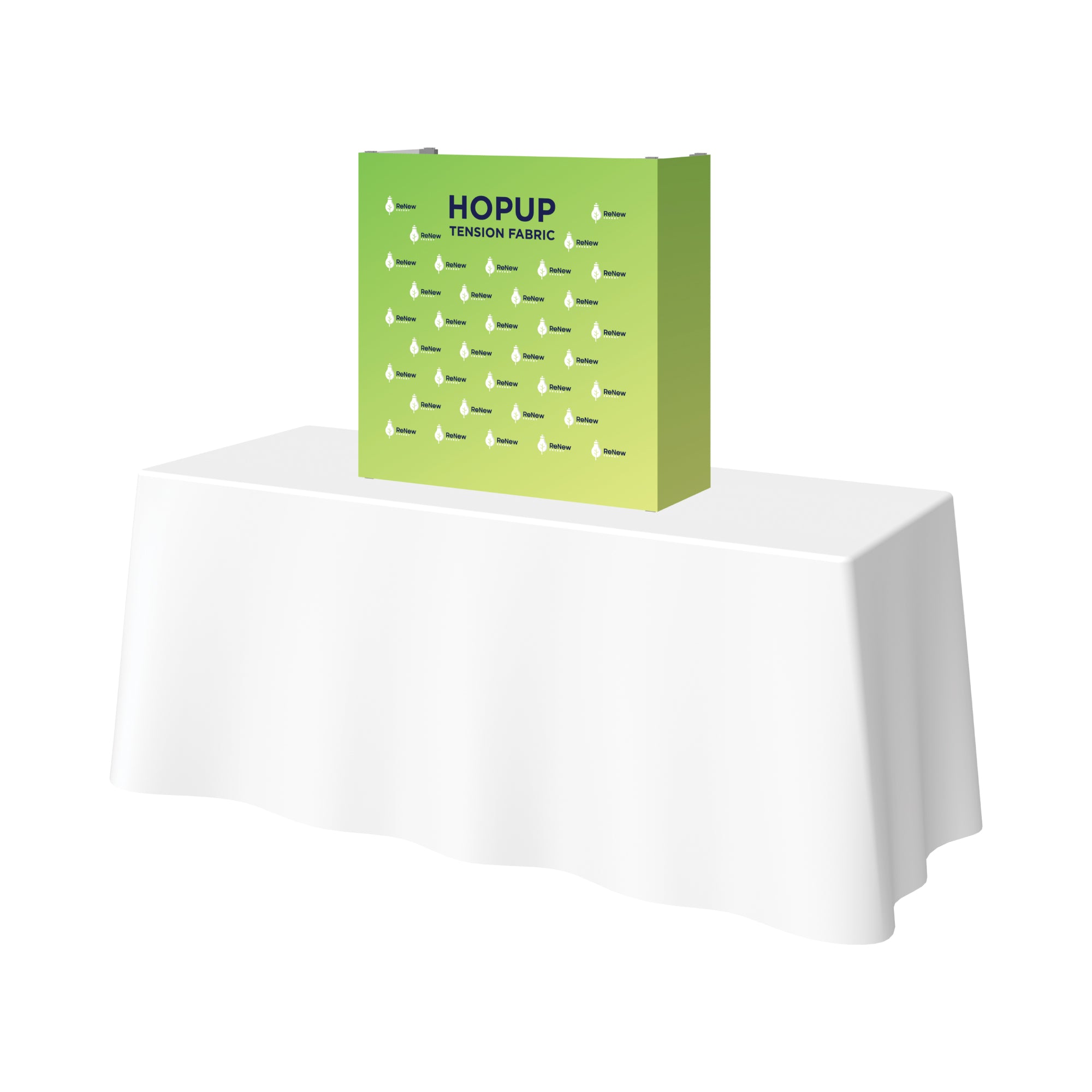 Hopup tension fabric display on table for trade shows and special events branding
