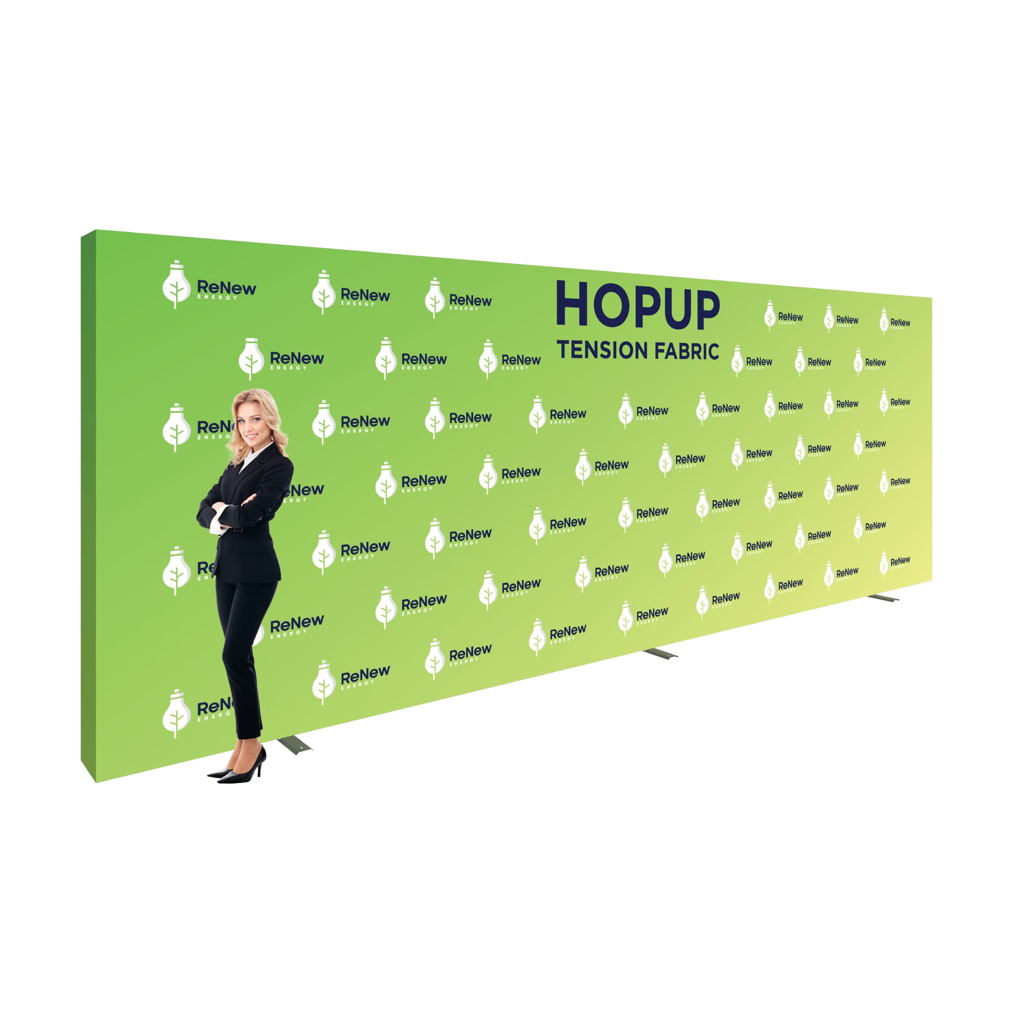 Large tension fabric trade show display with ReNew Energy branding and a businesswoman standing beside it