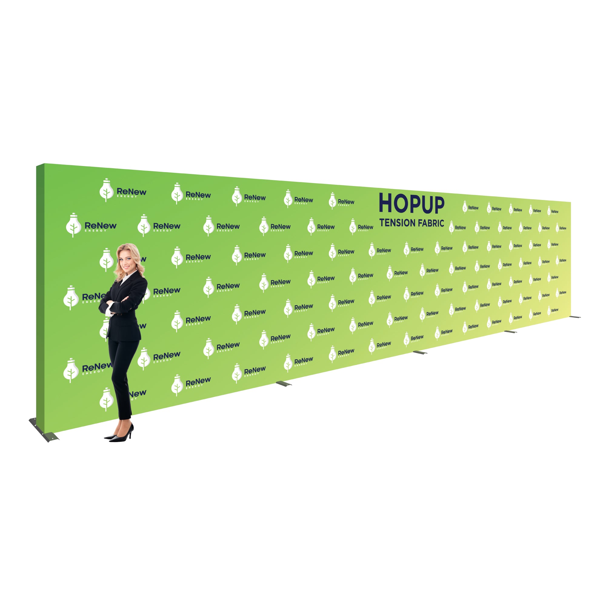 Large tension fabric backdrop branded for trade shows and exhibitions with a businesswoman posing