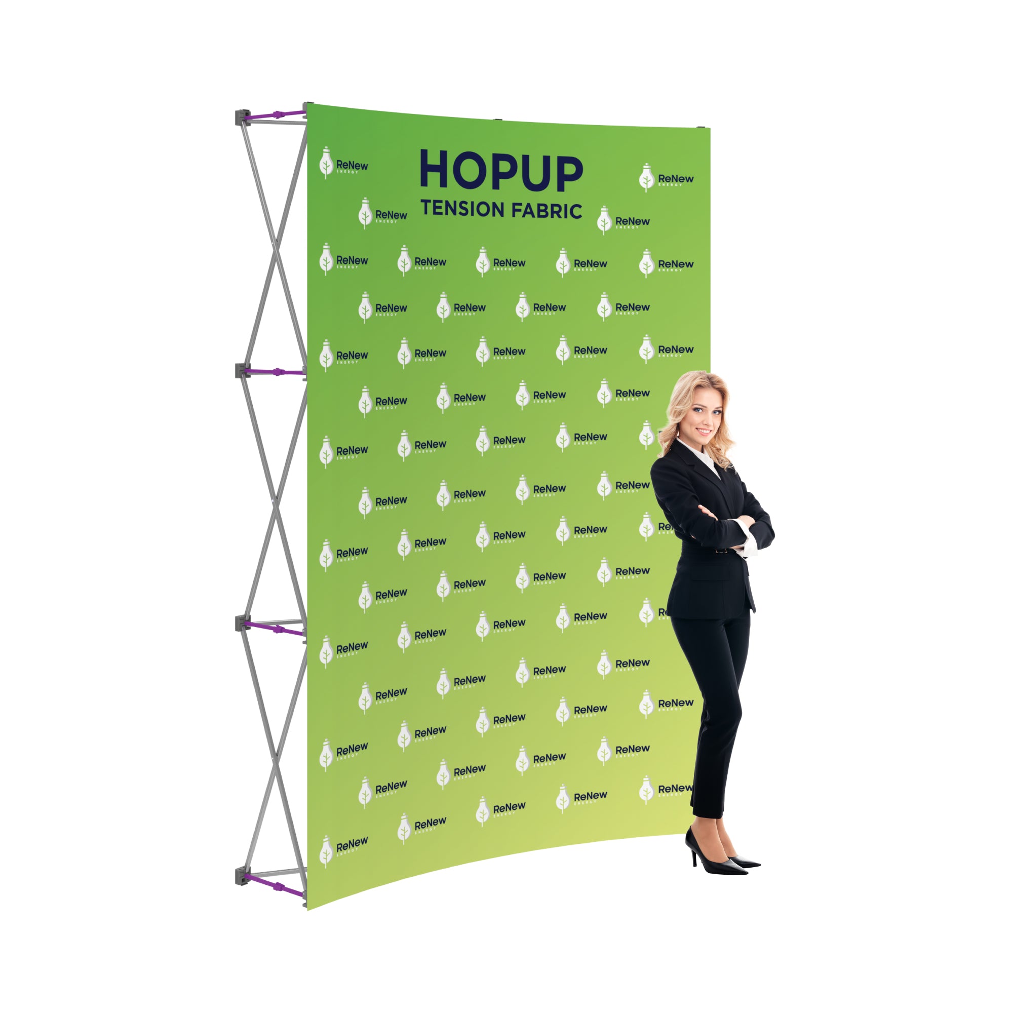 Trade show tension fabric display stand with promotional branding and businesswoman posing