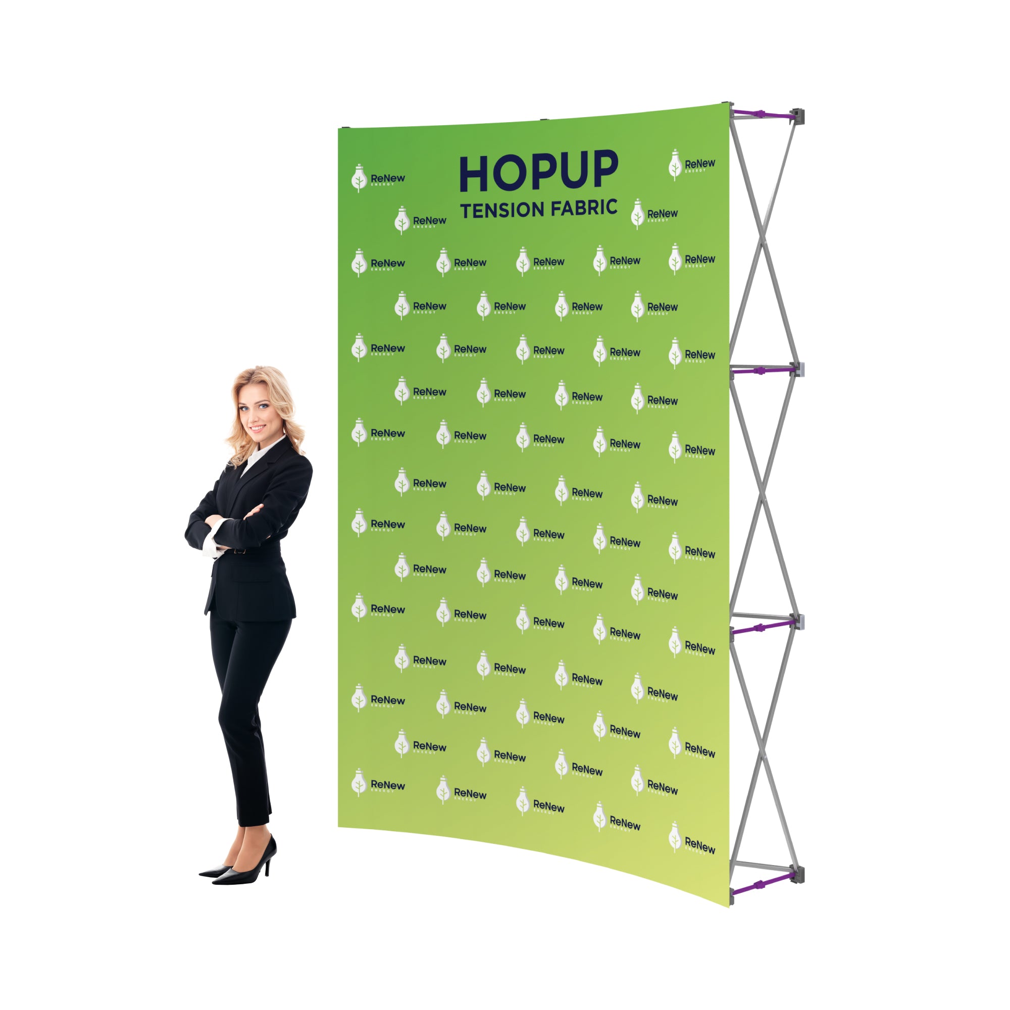 Trade show tension fabric display with ReNew Energy branding and businesswoman standing next to it