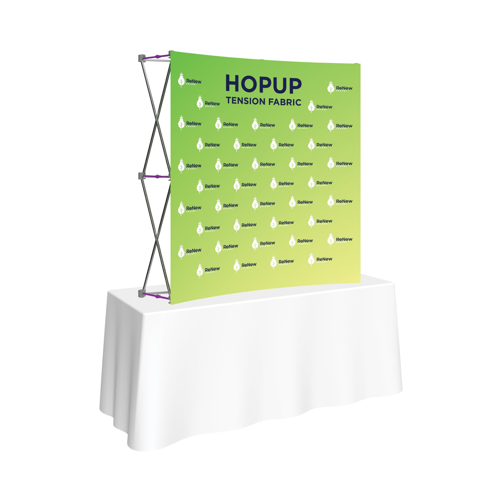 Pop-up tension fabric display on table for trade shows and exhibitions with branded graphics