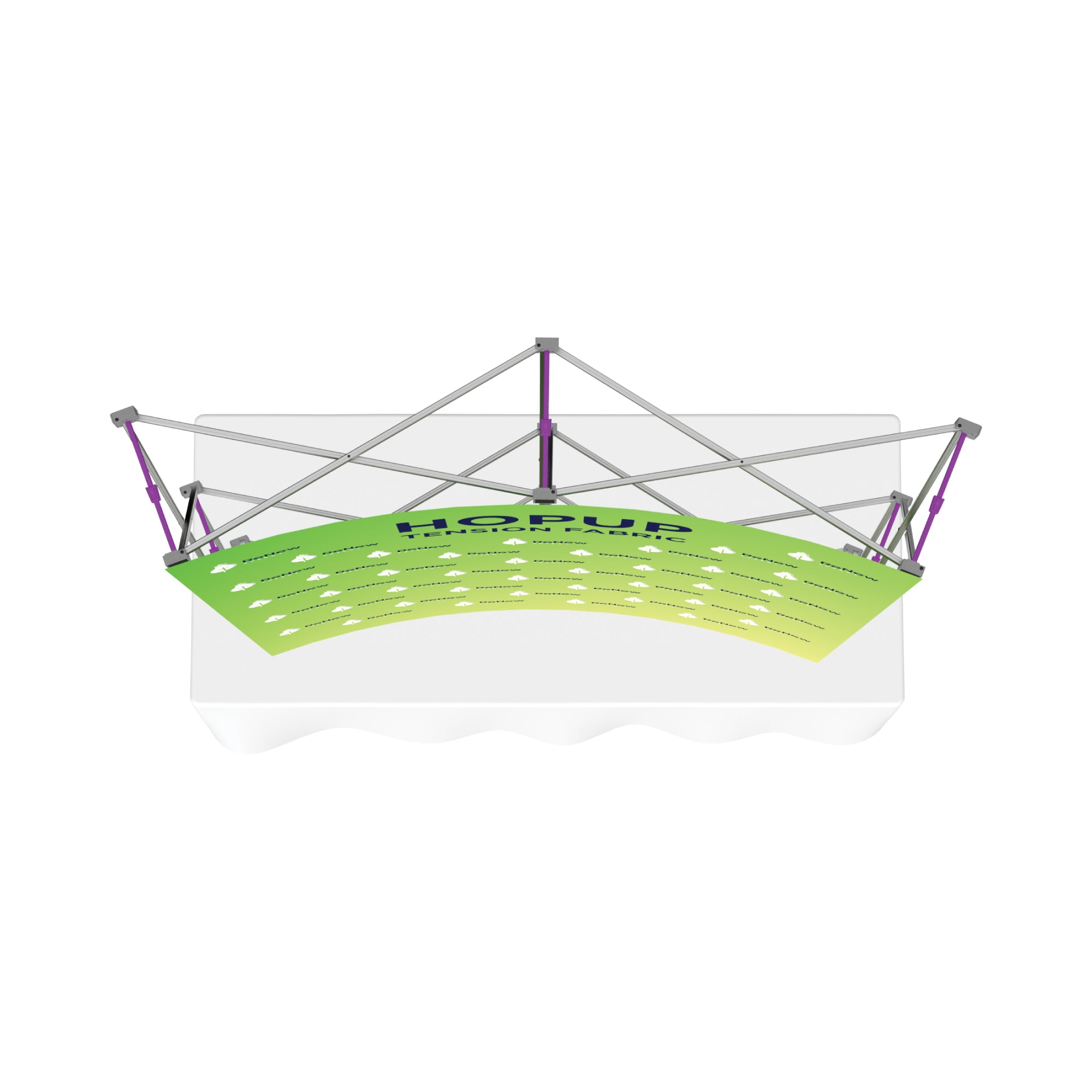 Overhead tension fabric trade show display with pop-up frame for exhibitions and special events