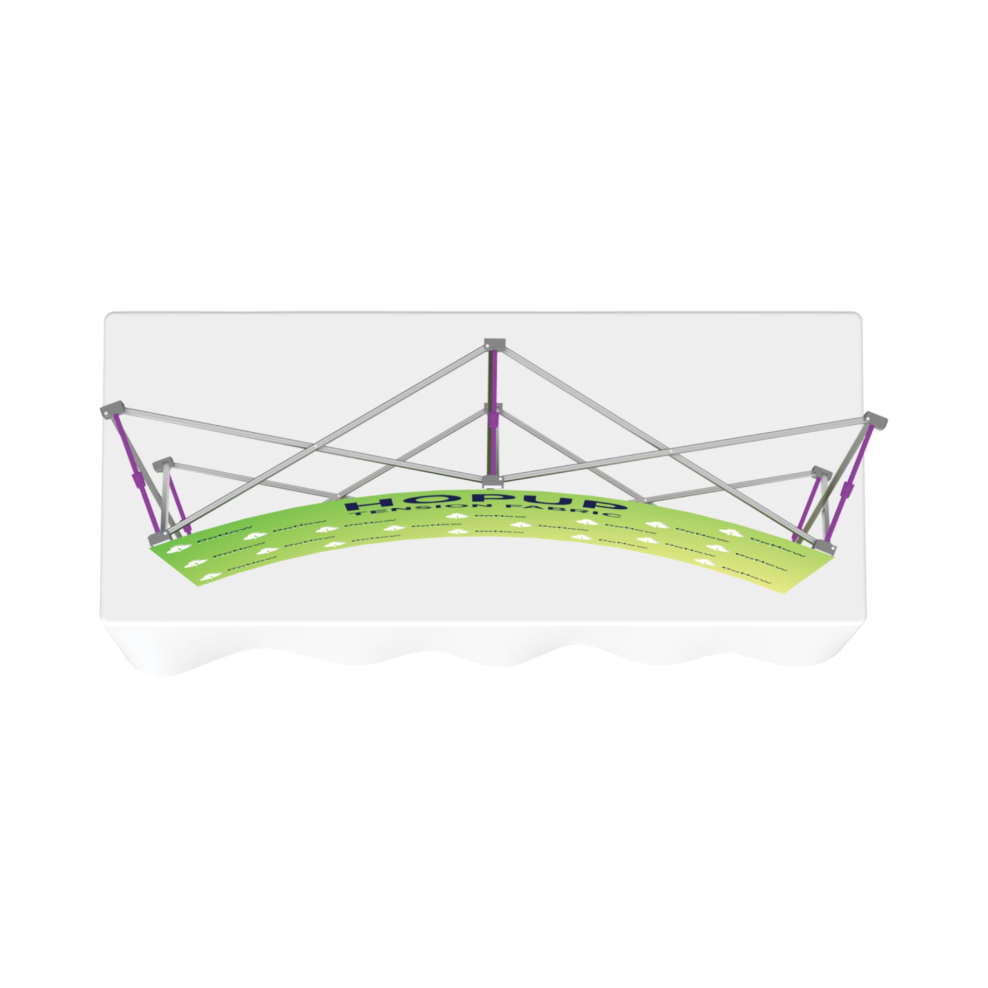 Adjustable curved trade show banner frame mounted on a table for exhibition displays