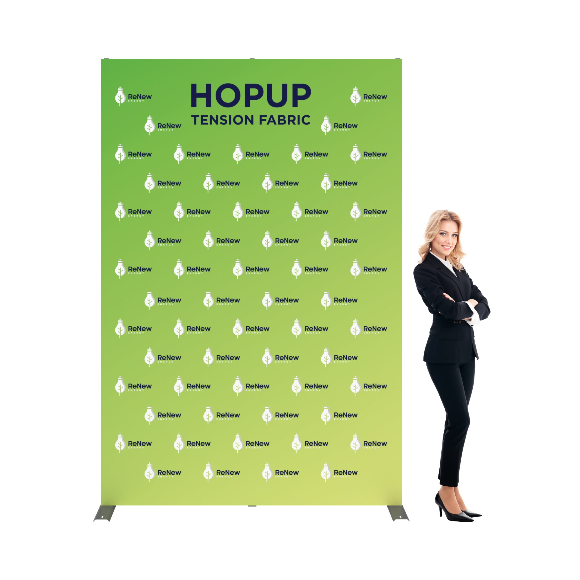 Large tension fabric backdrop with logos for trade shows and exhibitions next to businesswoman