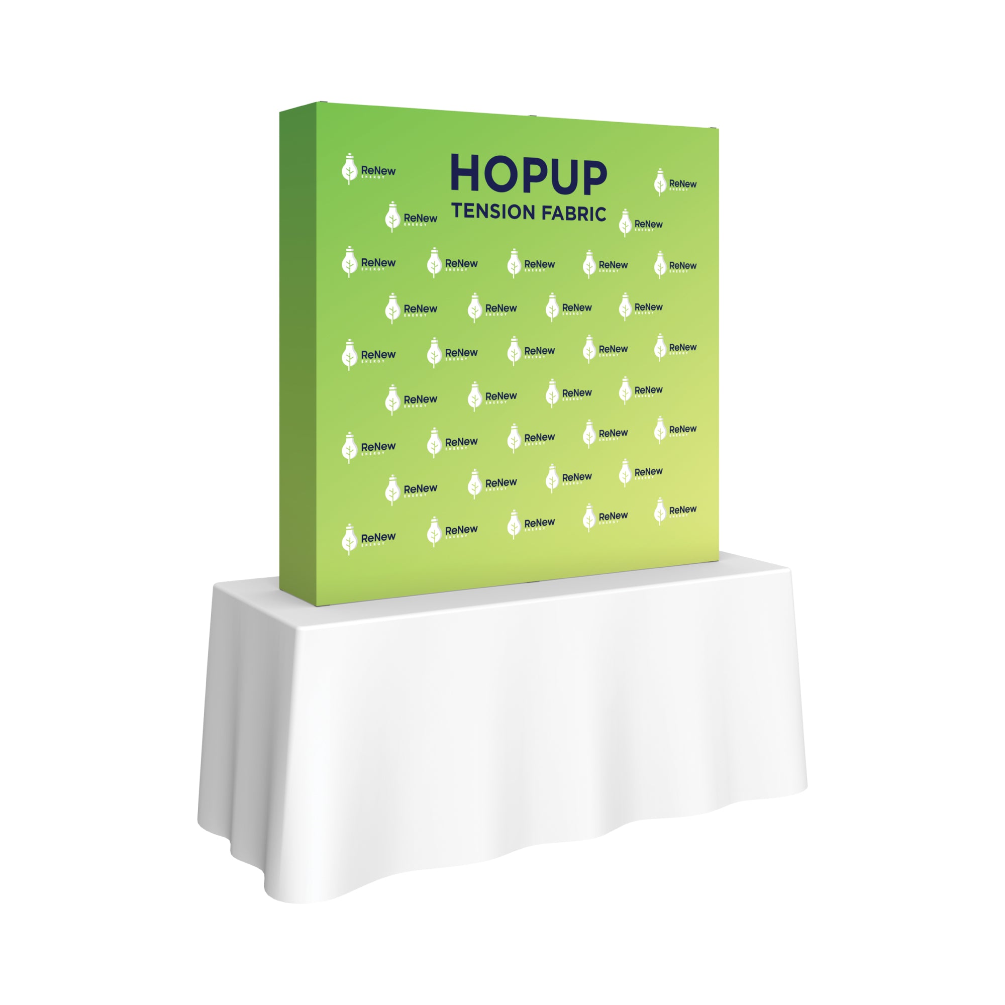 Tension fabric trade show backdrop with ReNew Energy branding on table display for exhibitions and events