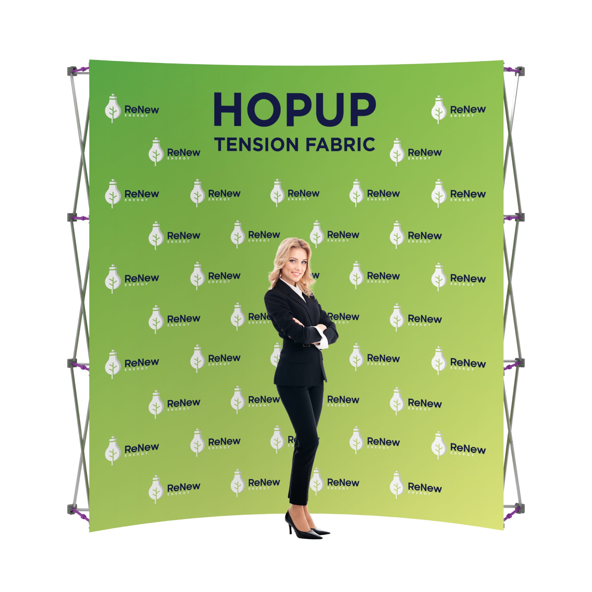 Trade show fabric backdrop display with ReNew Energy branding and businesswoman model in front