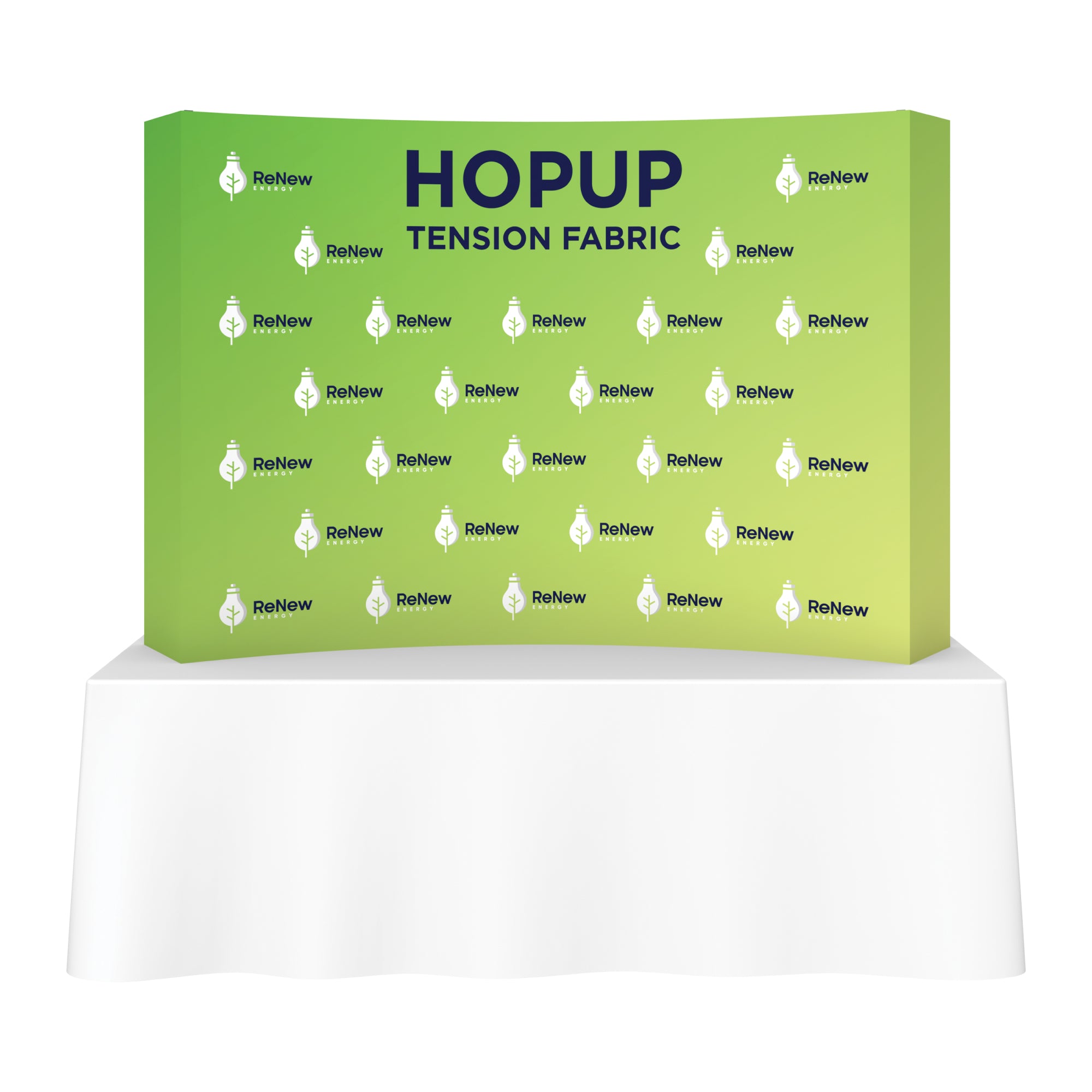 Curved tension fabric trade show backdrop with branding on table display for exhibitions and events