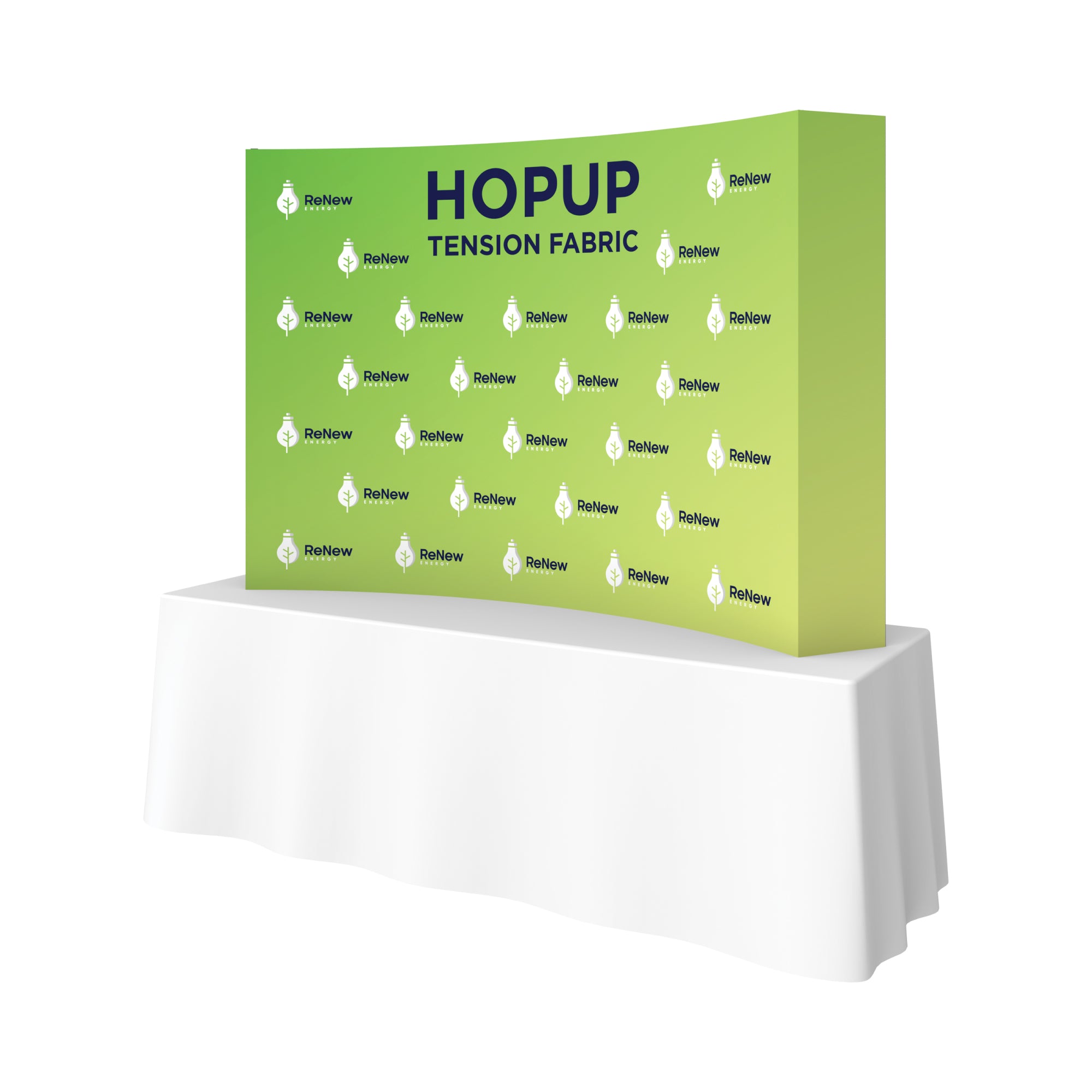 Curved tension fabric hopup display on table for trade shows and exhibitions