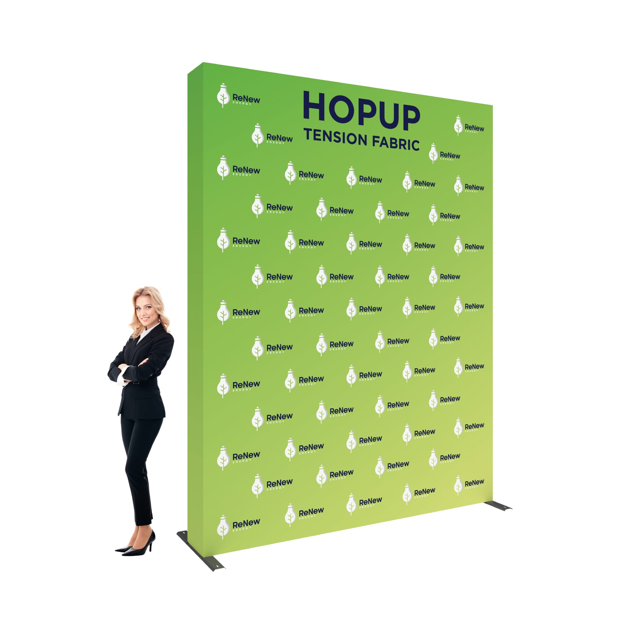 Trade show tension fabric backdrop with company logos and woman standing nearby for exhibitions