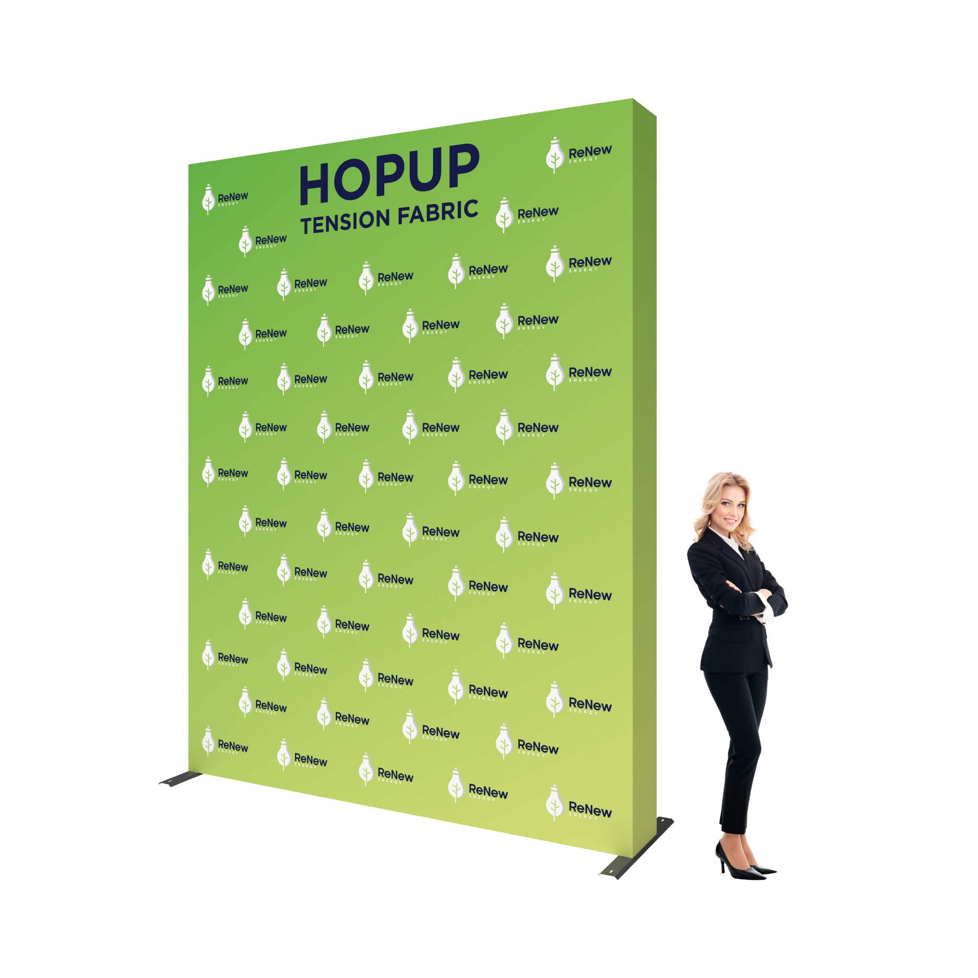 Tension fabric hopup display backdrop for trade shows and exhibitions with branded graphics