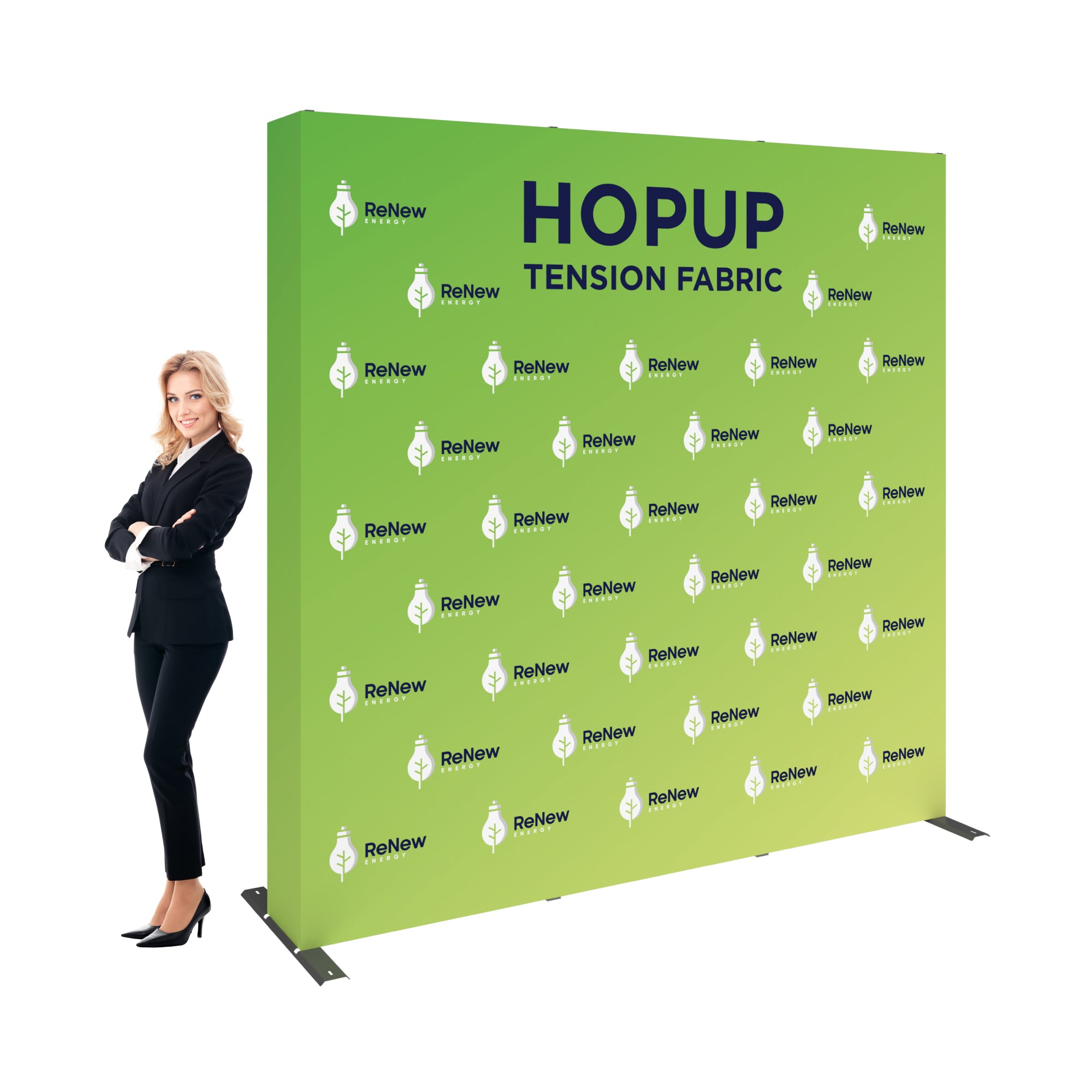 Pop-up tension fabric backdrop with logo graphics for trade shows and exhibitions displayed by business professional