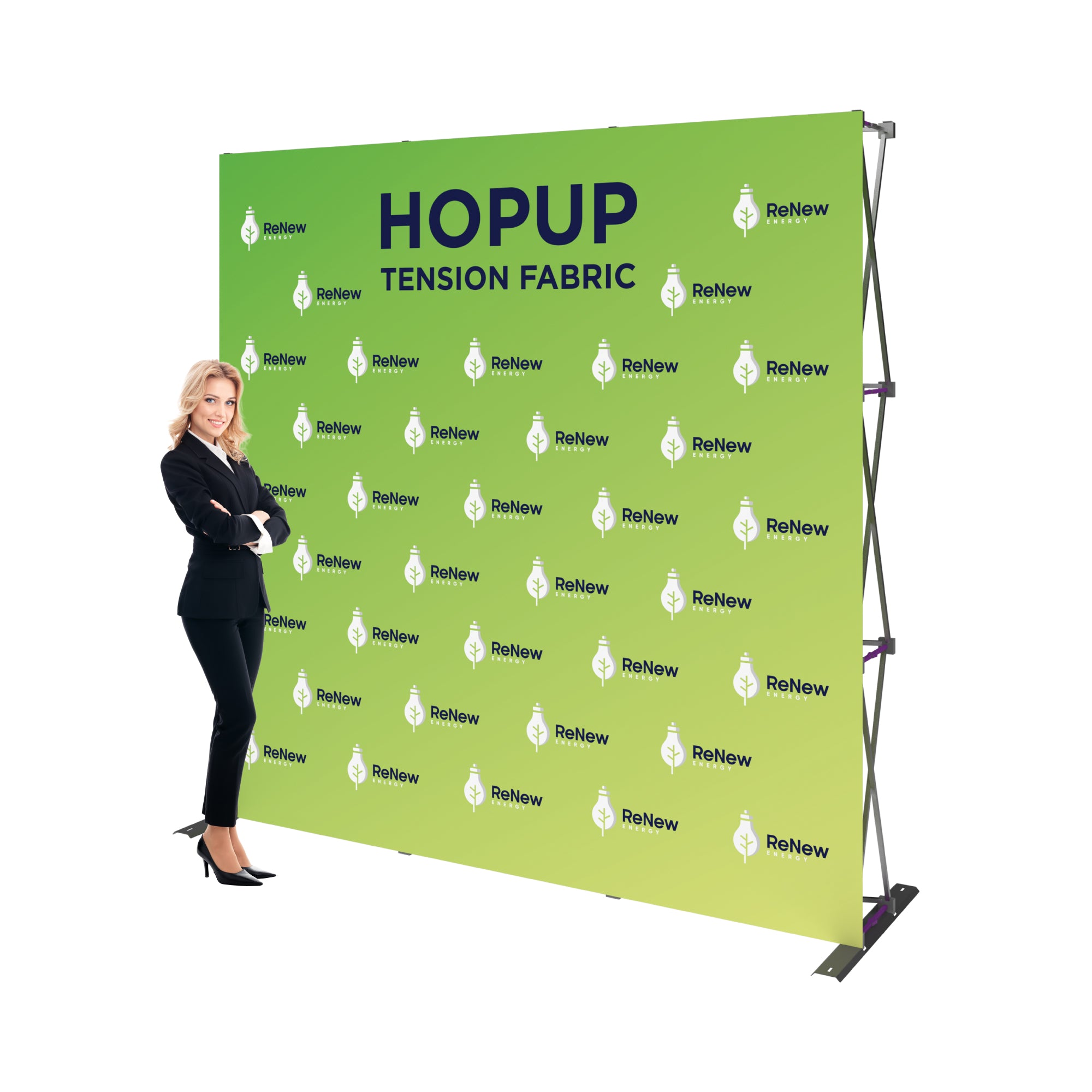 Hopup tension fabric backdrop with ReNew Energy branding for trade shows and exhibitions