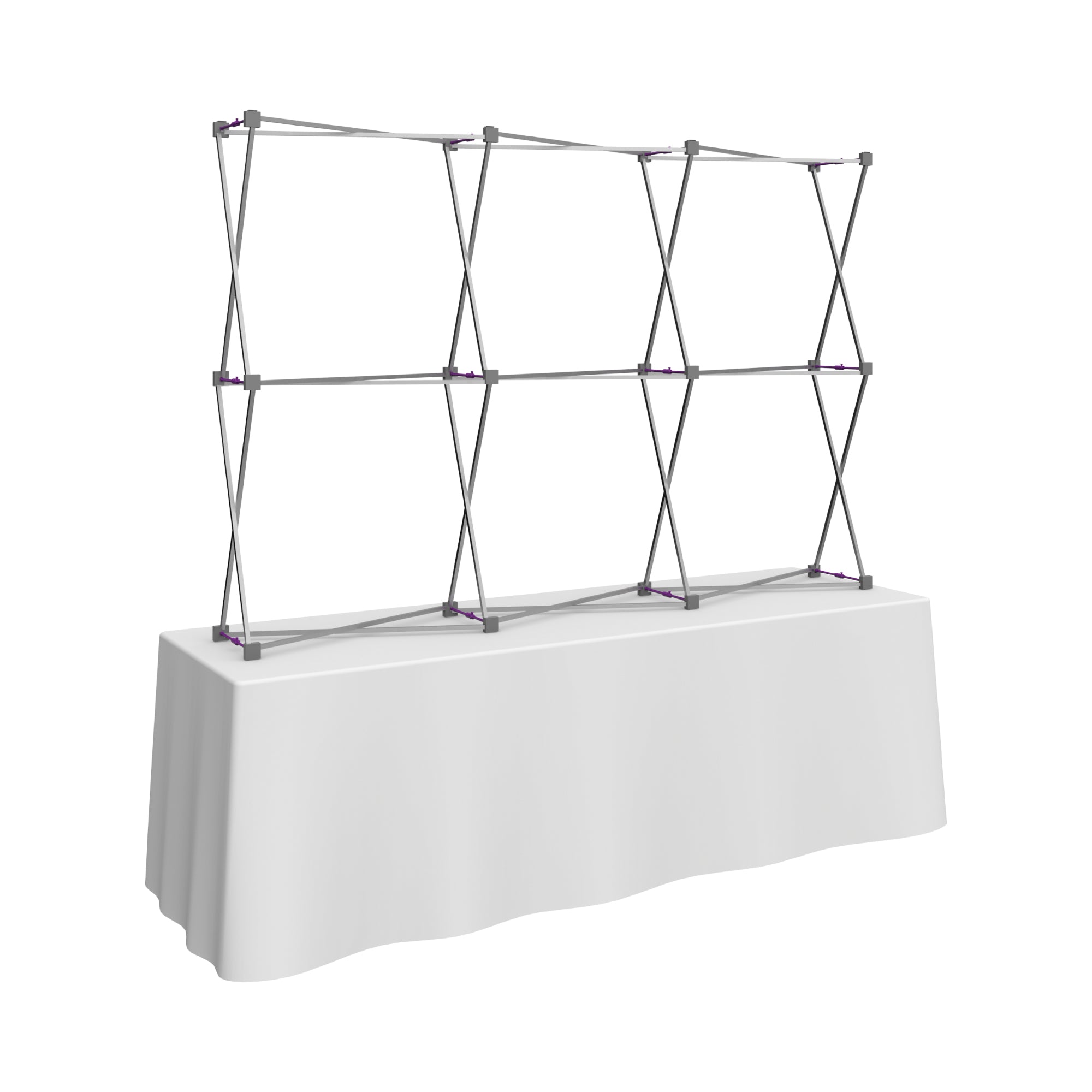 Collapsible frame setup on table for trade show pop-up display and exhibition backdrop