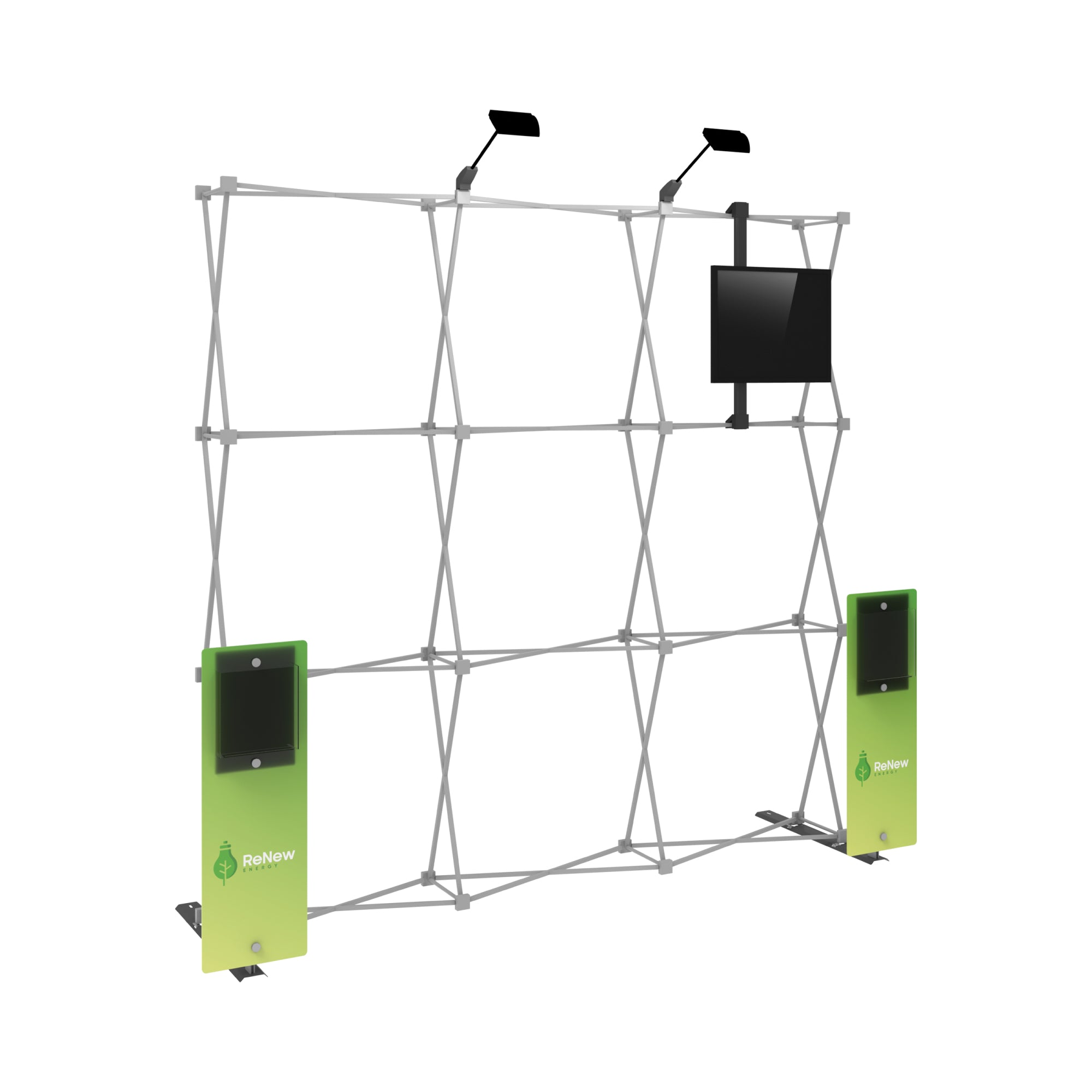 Modular trade show display frame with mounted monitor, brochure holders, and overhead lighting for exhibitions