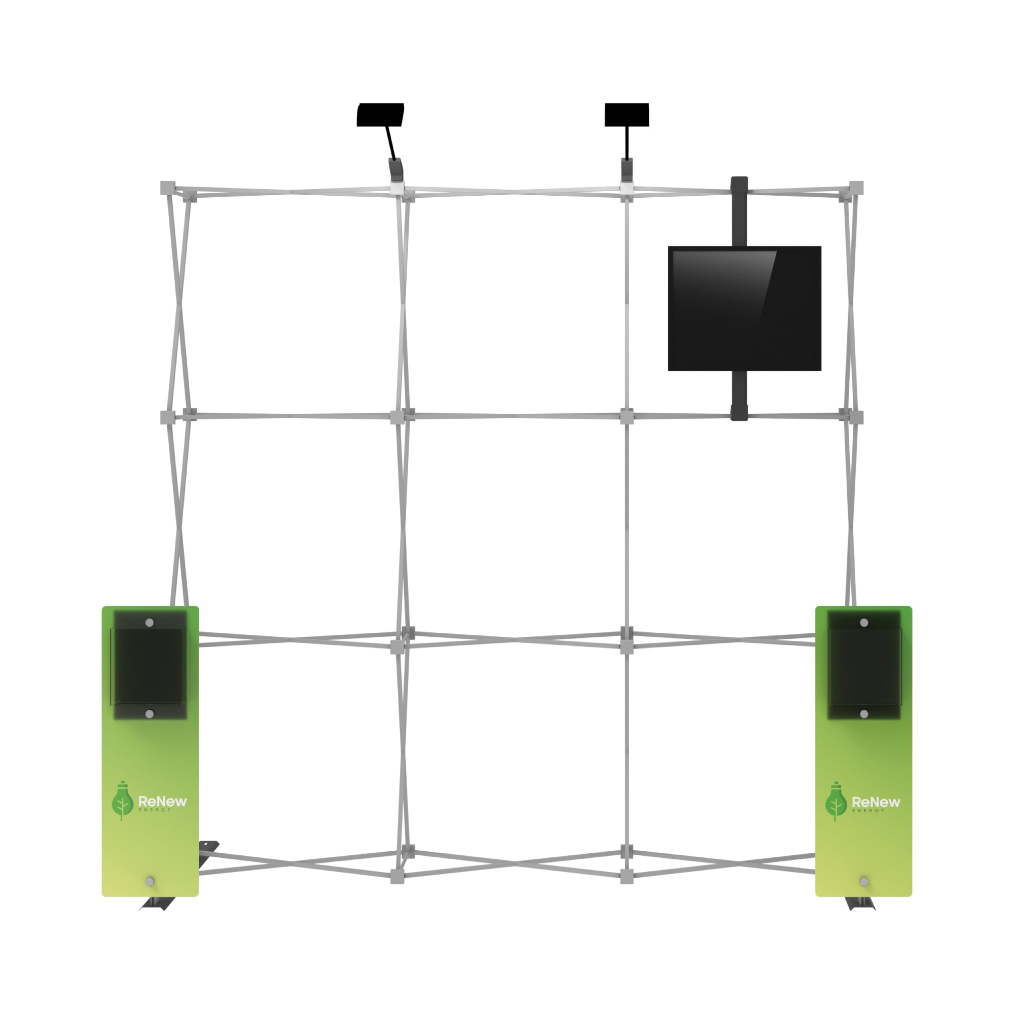 portable trade show display frame with mounted monitor and brochure holders for exhibitions
