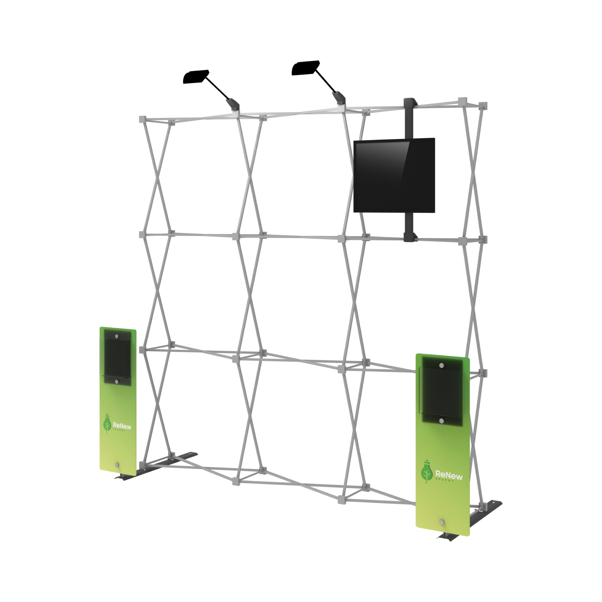 Trade show pop-up display frame with mounted monitor and literature holders for exhibitions
