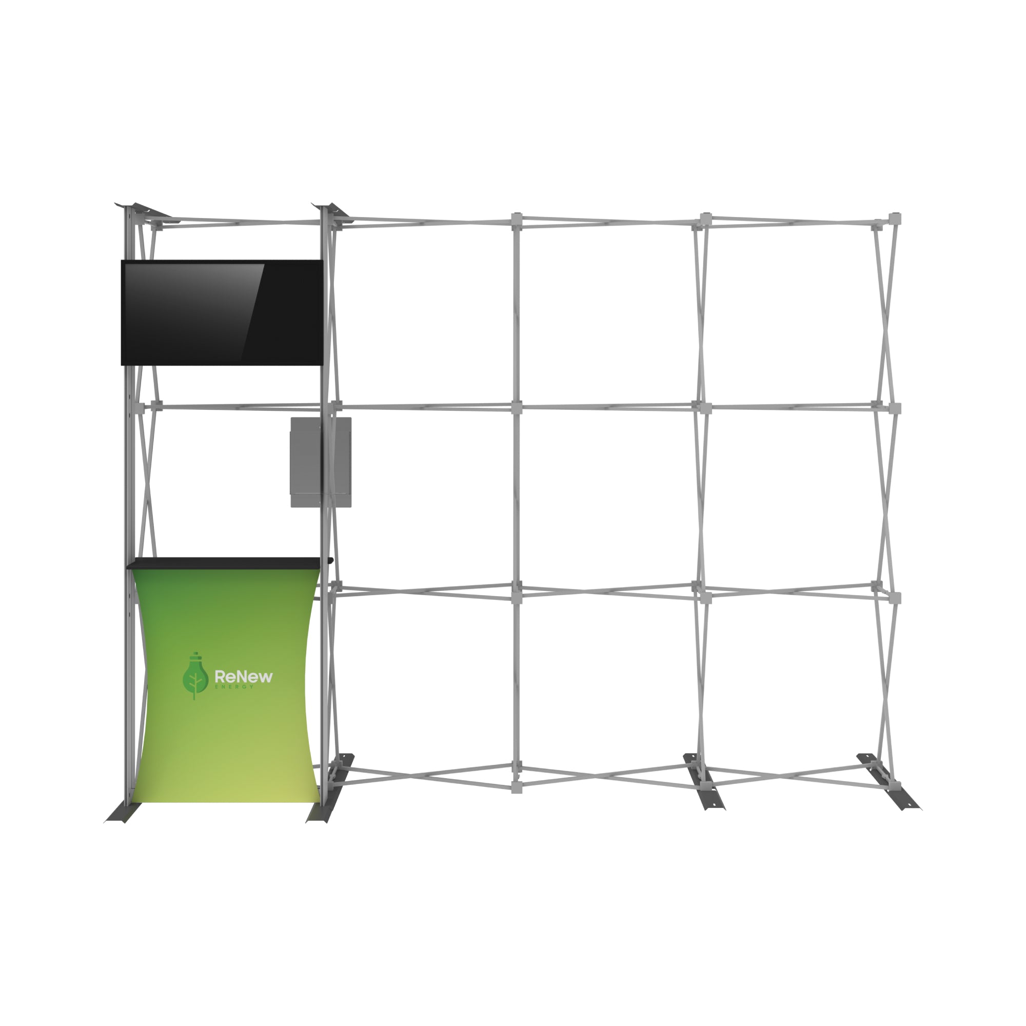 Trade show pop-up display frame with counter and mounted monitor for exhibitions and special events