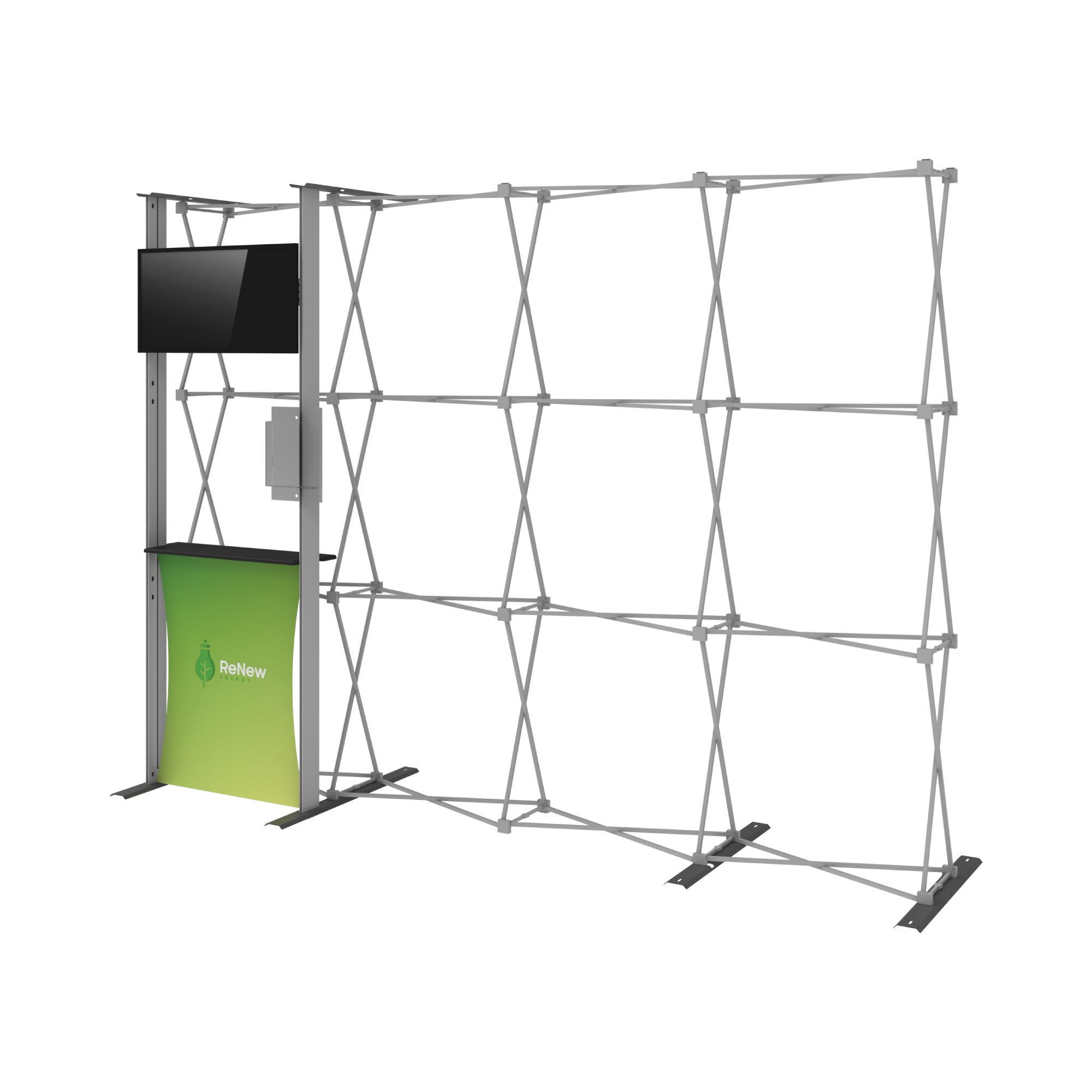 Collapsible trade show display frame with monitor mount and brochure shelf for exhibitions