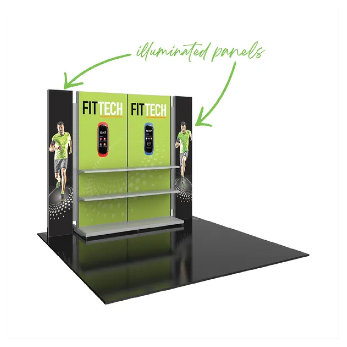 Modular trade show display with illuminated panels showcasing wearable fitness tech with shelves