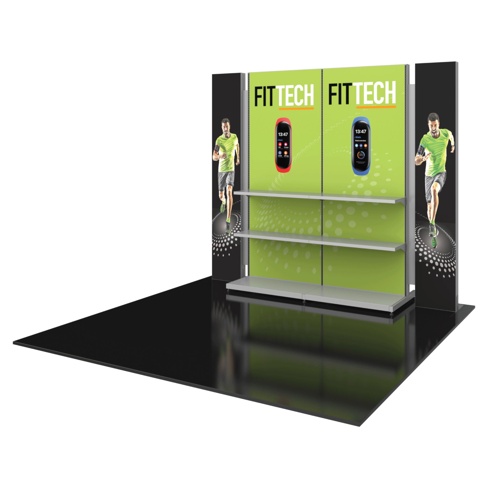 Modular trade show display with branded panels, shelves, and athlete graphics for exhibitions and events