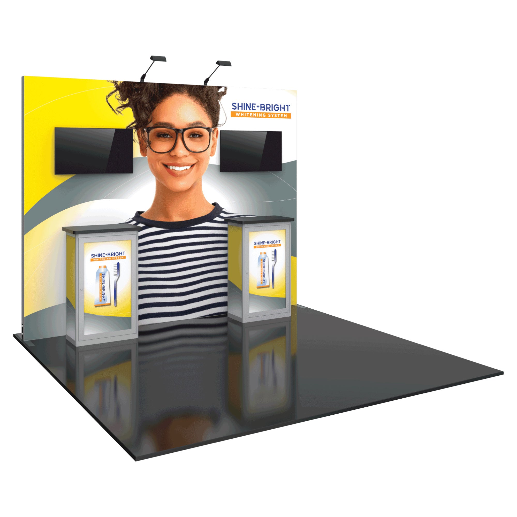 Modular trade show display with large graphic backdrop and two counters showcasing whitening system branding