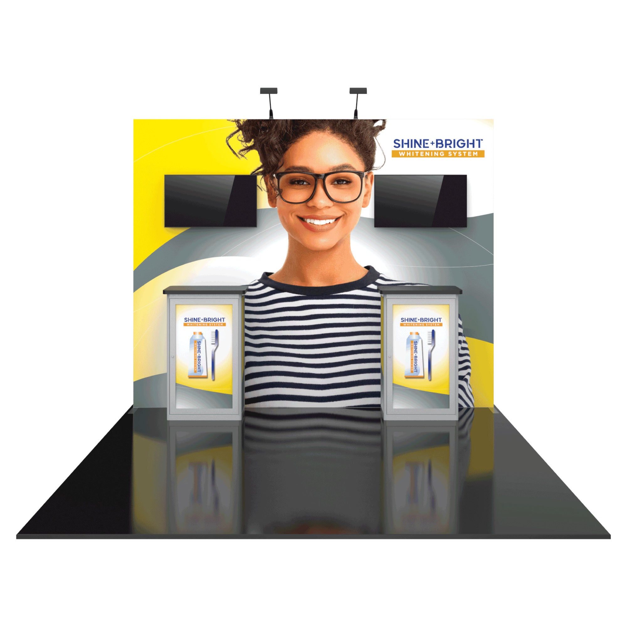 Modular trade show display with large graphic, two counters, and overhead lights for exhibitions