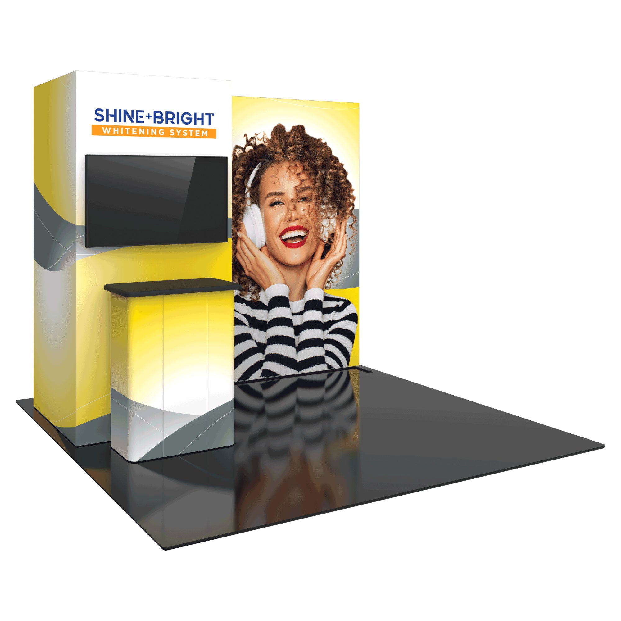 Modular trade show display with large graphic, monitor, and counter for exhibitions and events