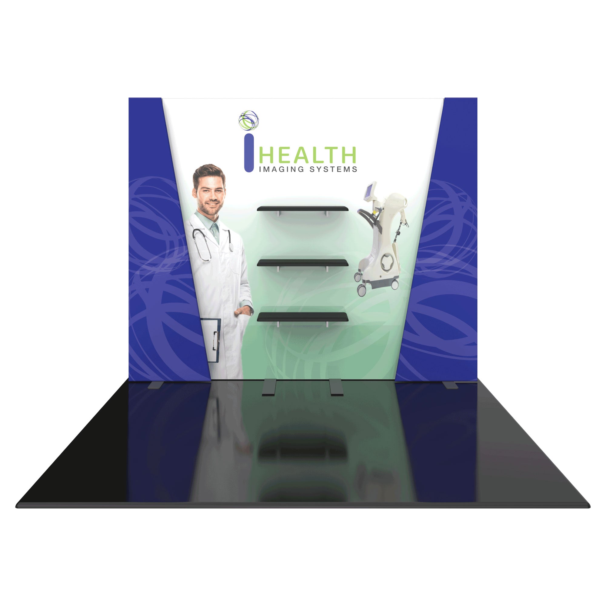 Modular trade show display for health imaging systems with shelves and medical graphics