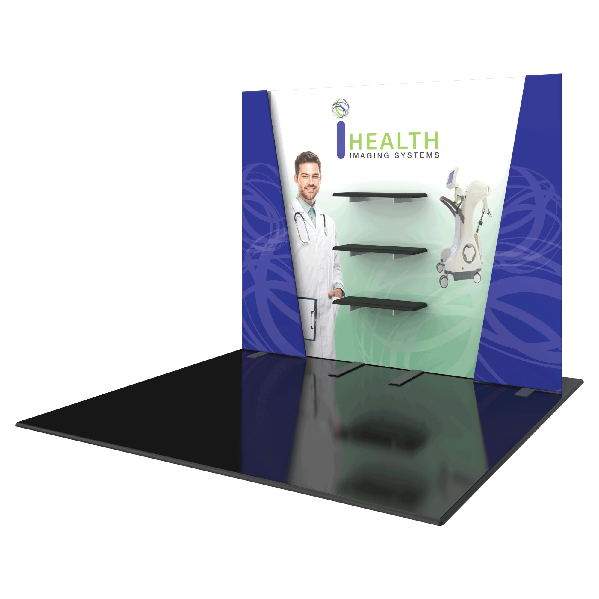 Modular trade show display with healthcare imaging graphics and shelves for exhibitions and events