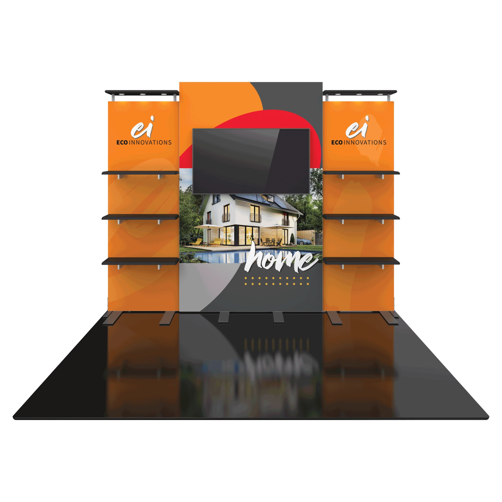 Modular trade show display with shelves, large screen, and home-themed graphics for exhibitions