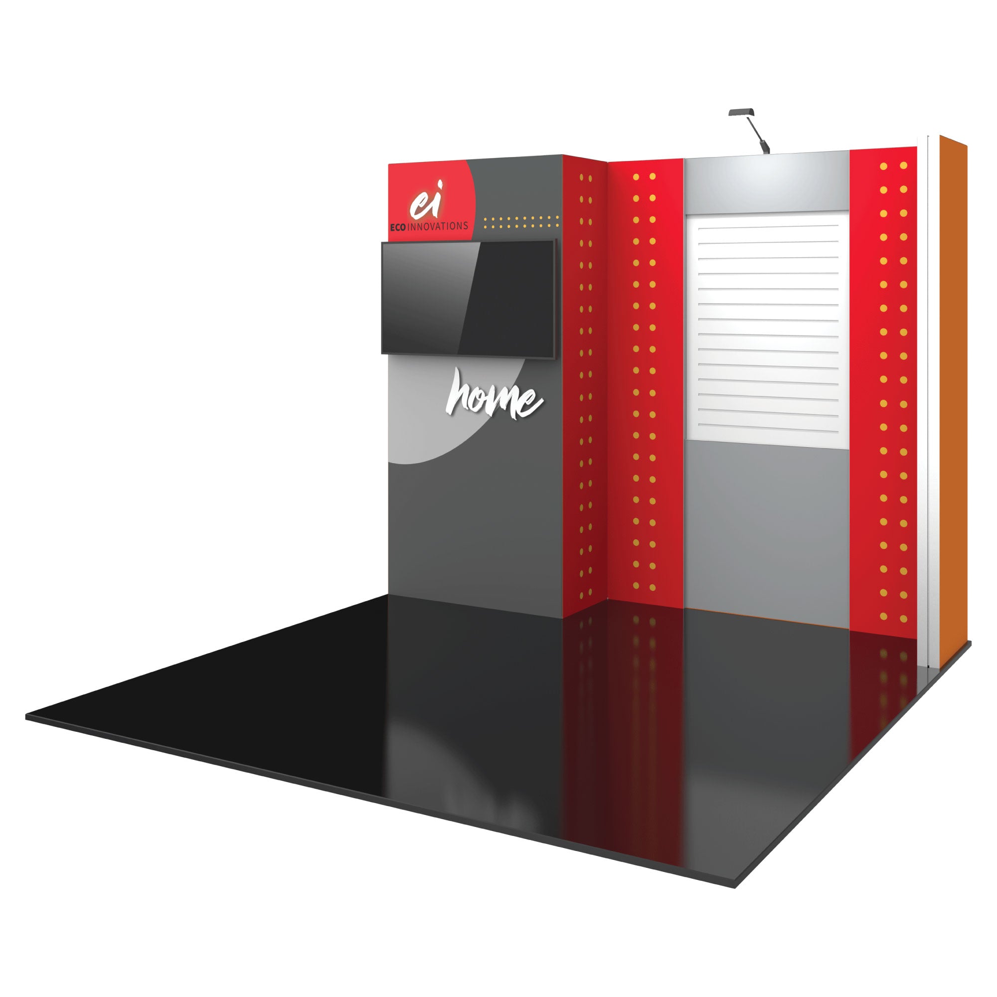 Modular trade show display booth with mounted screen and slatwall panel for exhibitions and events