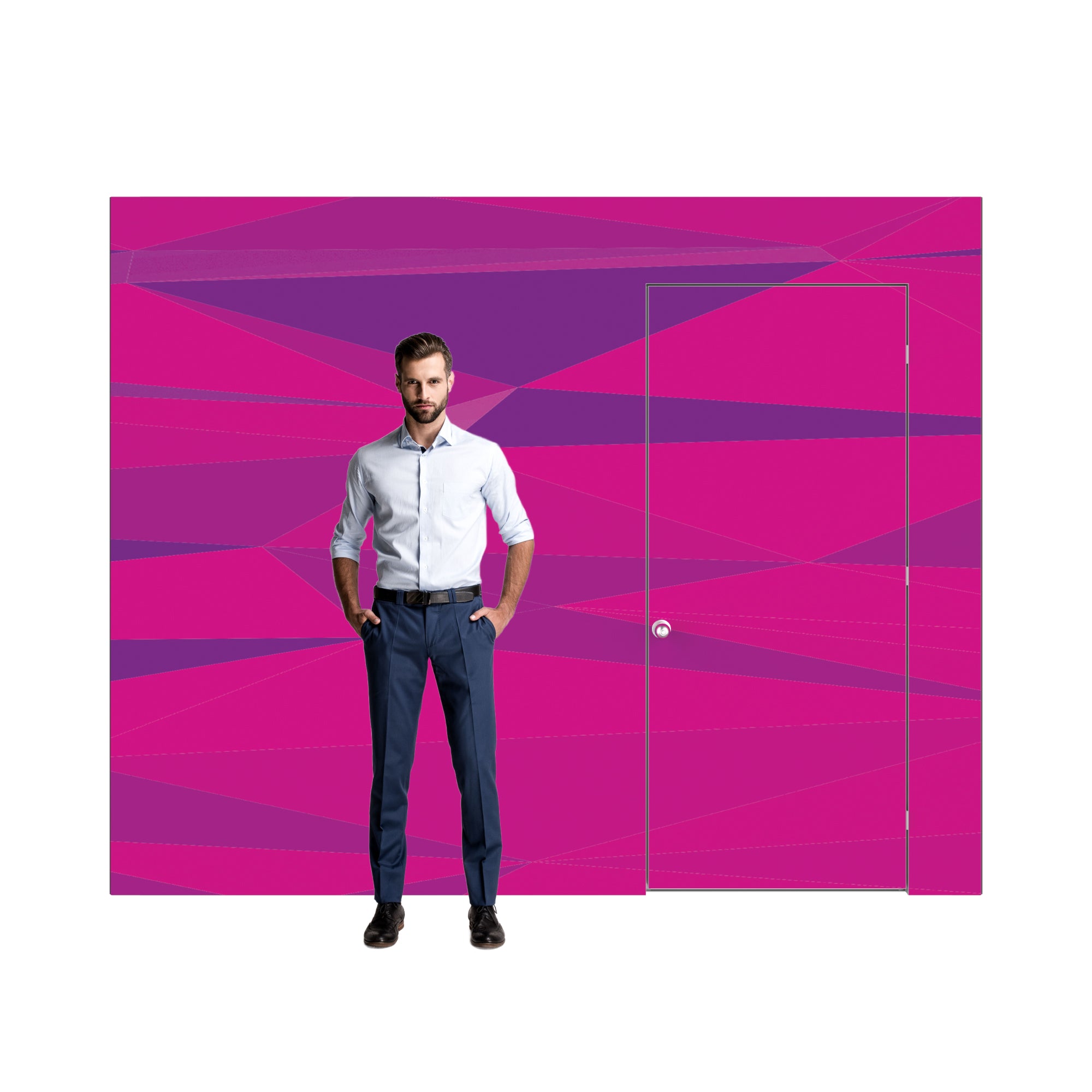 Modular trade show backdrop with geometric wall panel and integrated door featuring a standing man