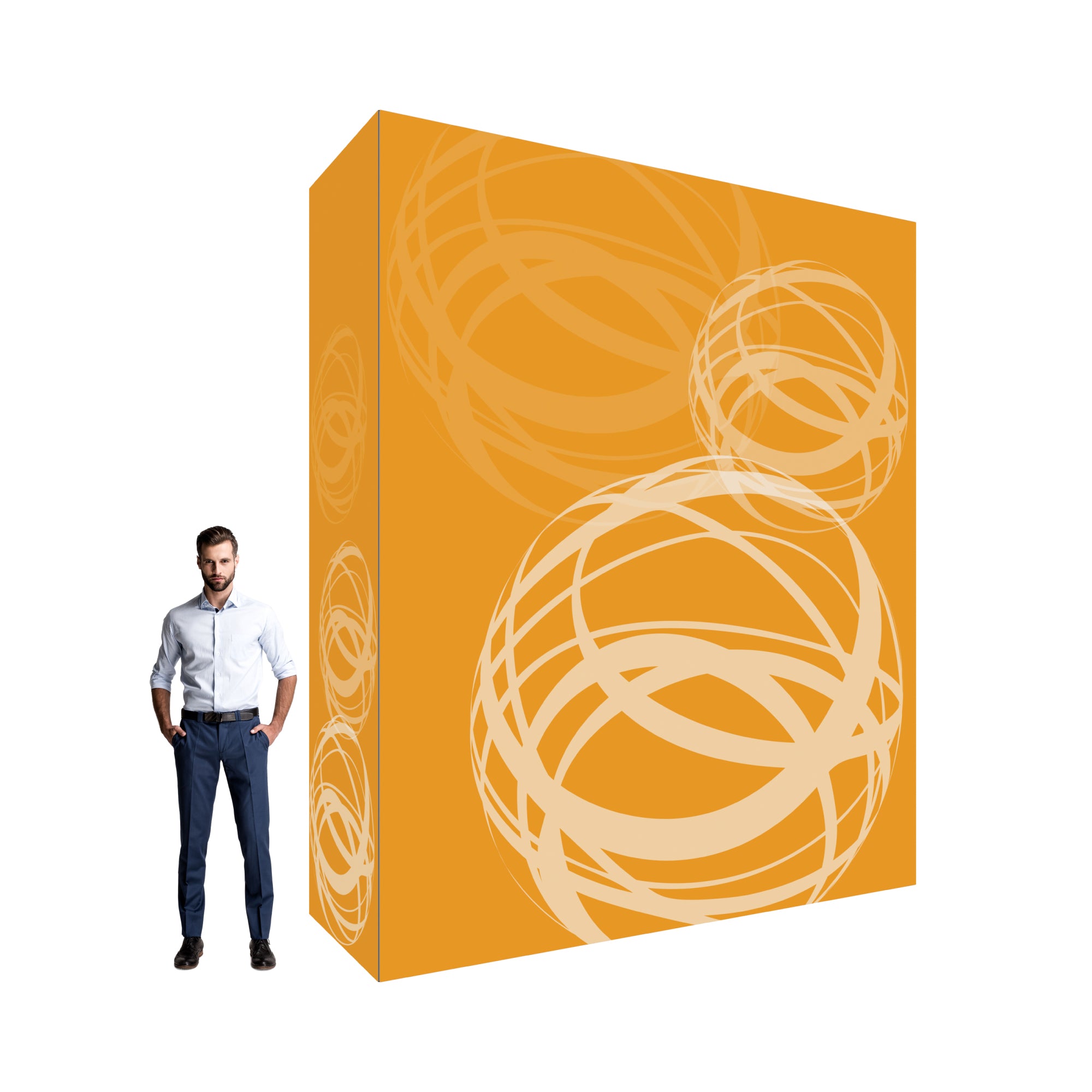 Modular trade show display with abstract circle graphics and a standing man for scale