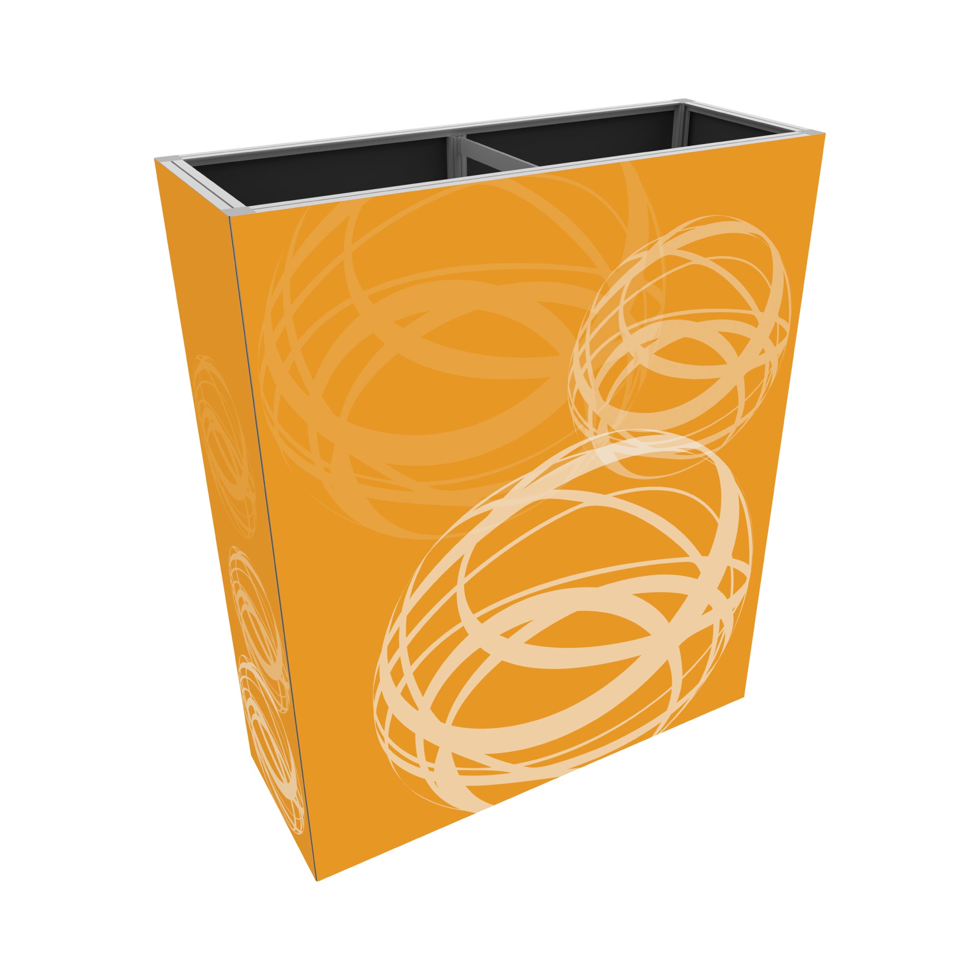 Modular trade show counter with graphic wrap featuring circular designs for exhibitions and events