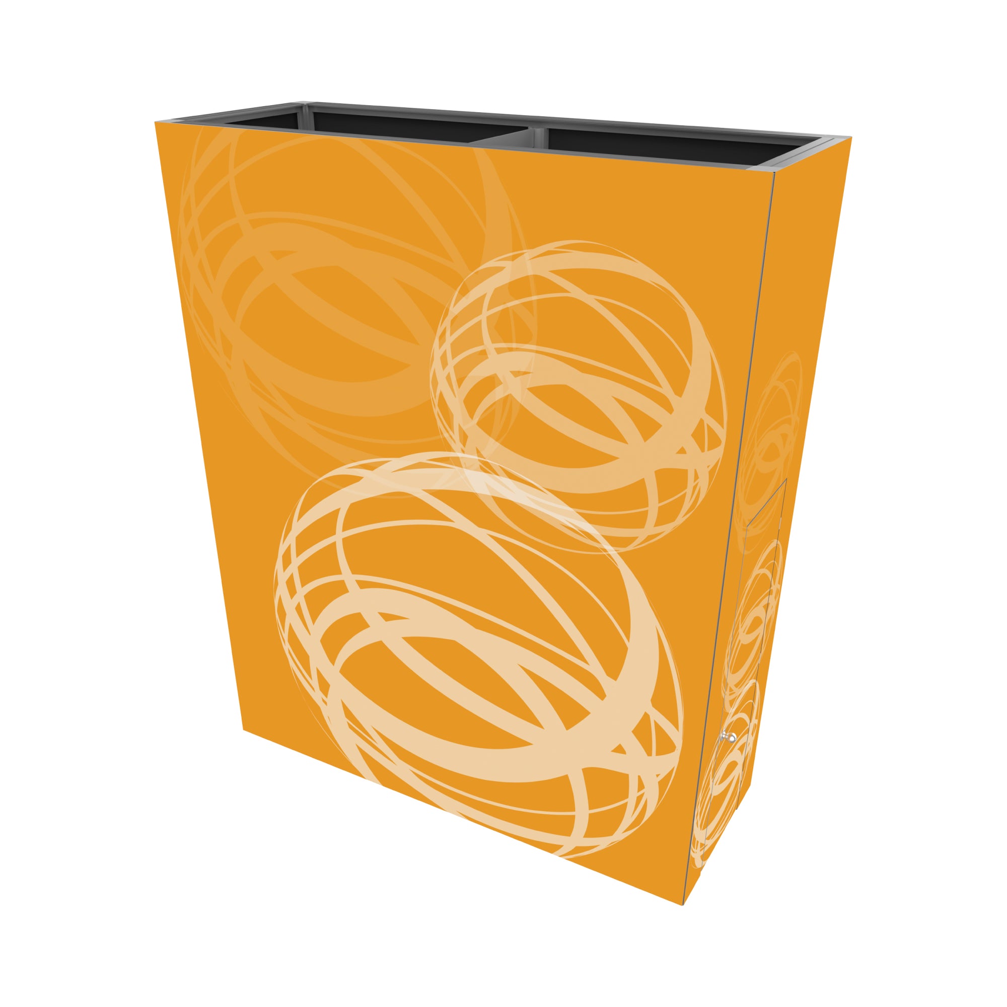 Modular trade show counter with graphic wrap featuring abstract circular designs for exhibitions and events