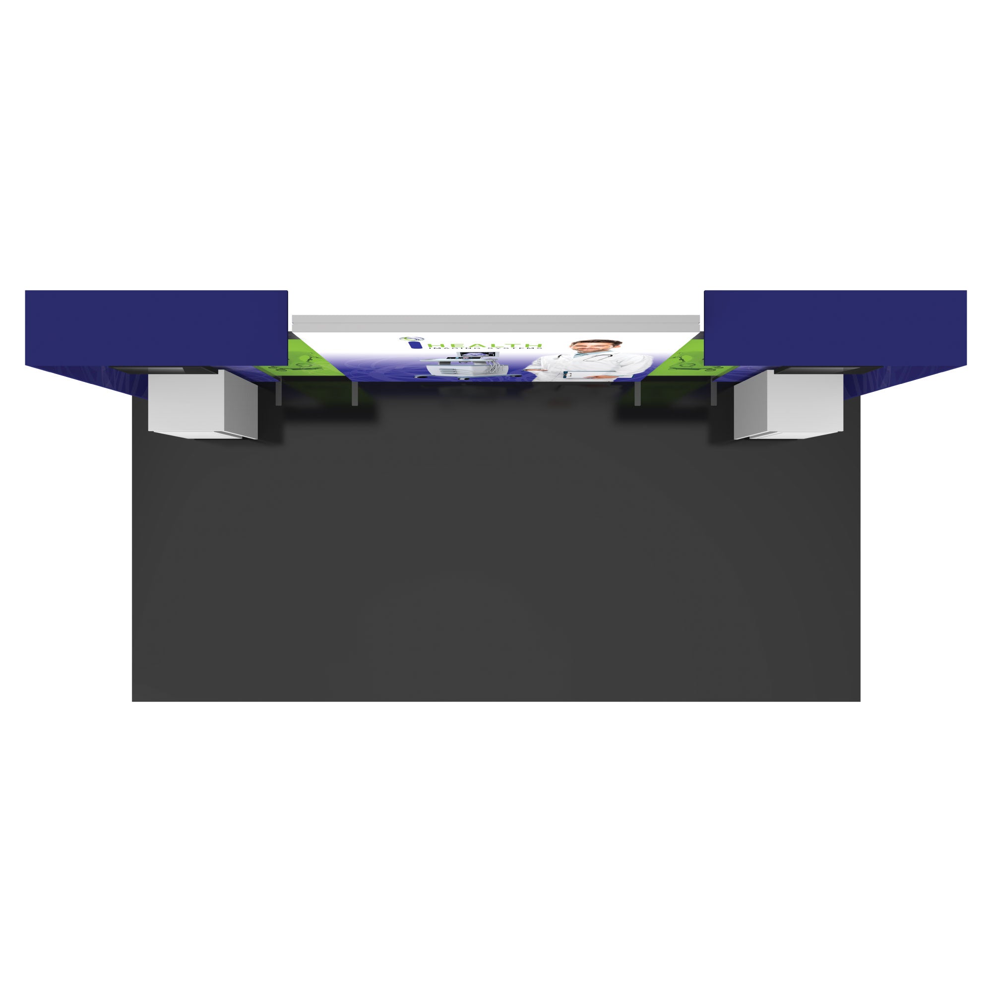 Trade show modular display booth with large backlit graphics and integrated counters for exhibitions and events