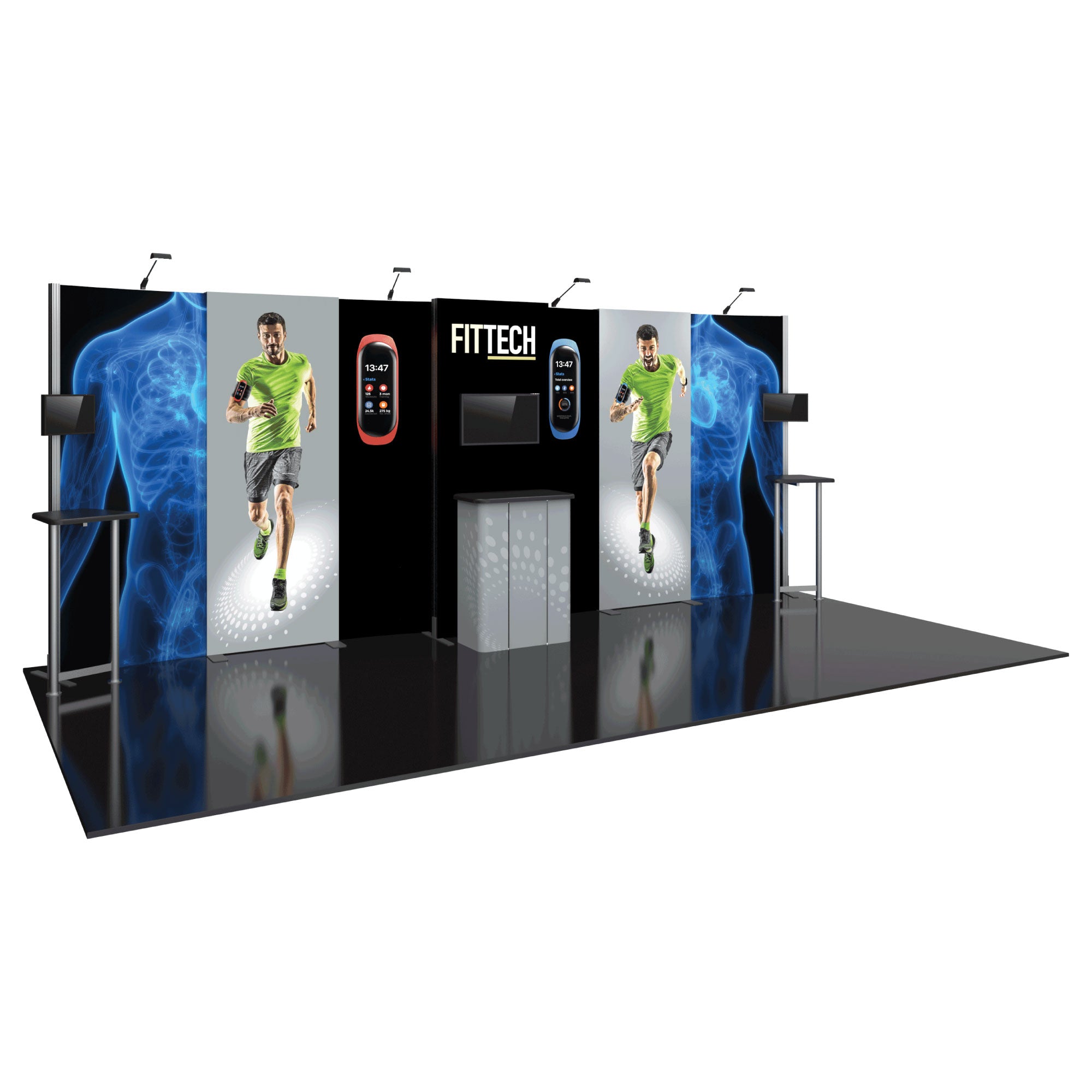 Modular trade show booth with FITTECH branding, featuring athlete graphics and wearable tech displays