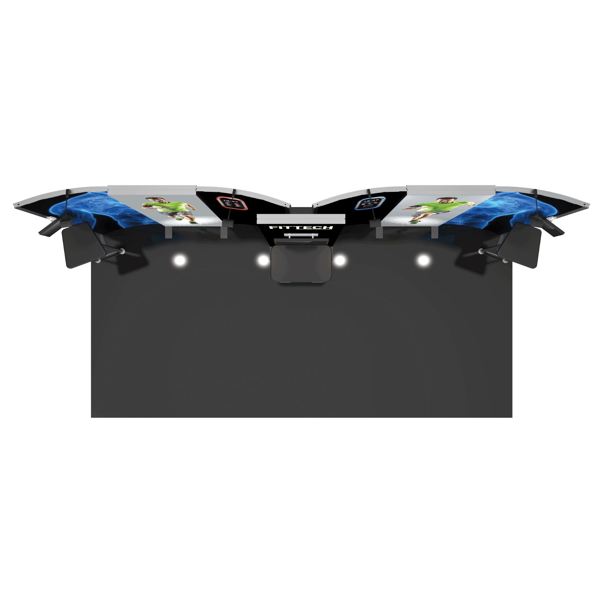 Modular trade show exhibit display with curved panels and workstation for exhibitions and events