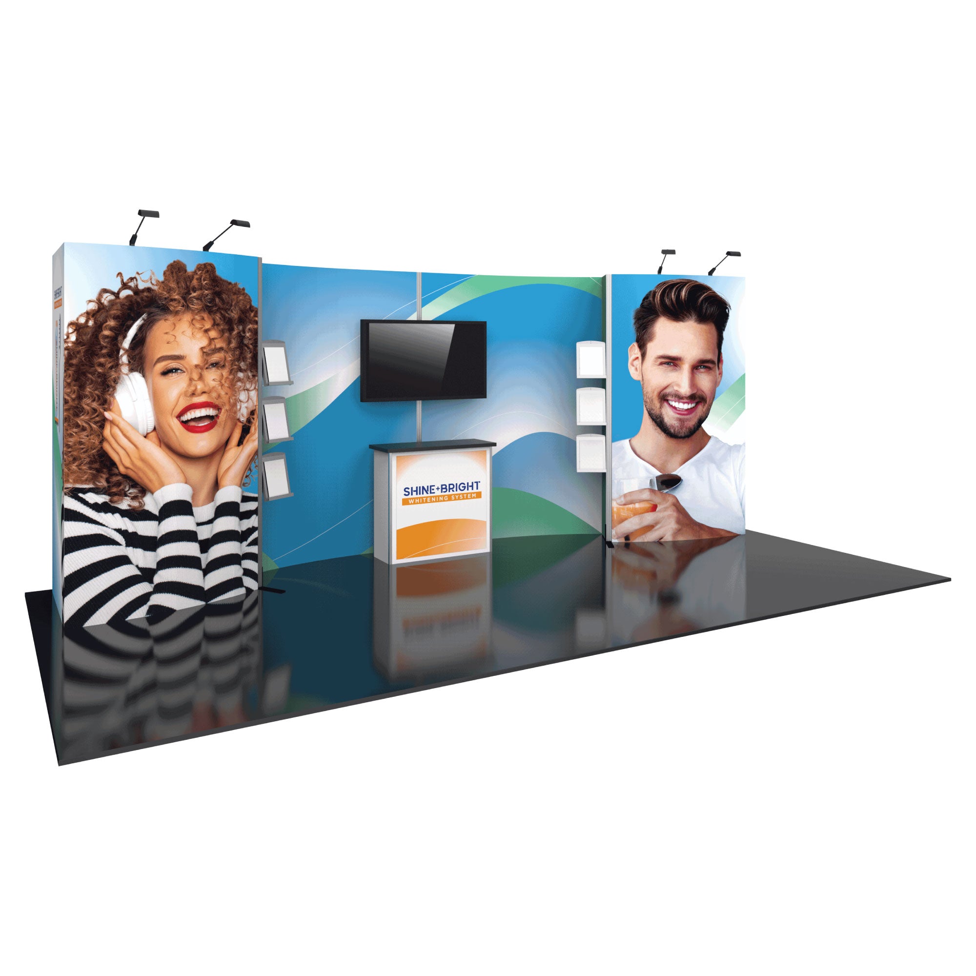 Modular trade show display featuring large vibrant graphics, a monitor, literature holders, and a branded counter for exhibitions