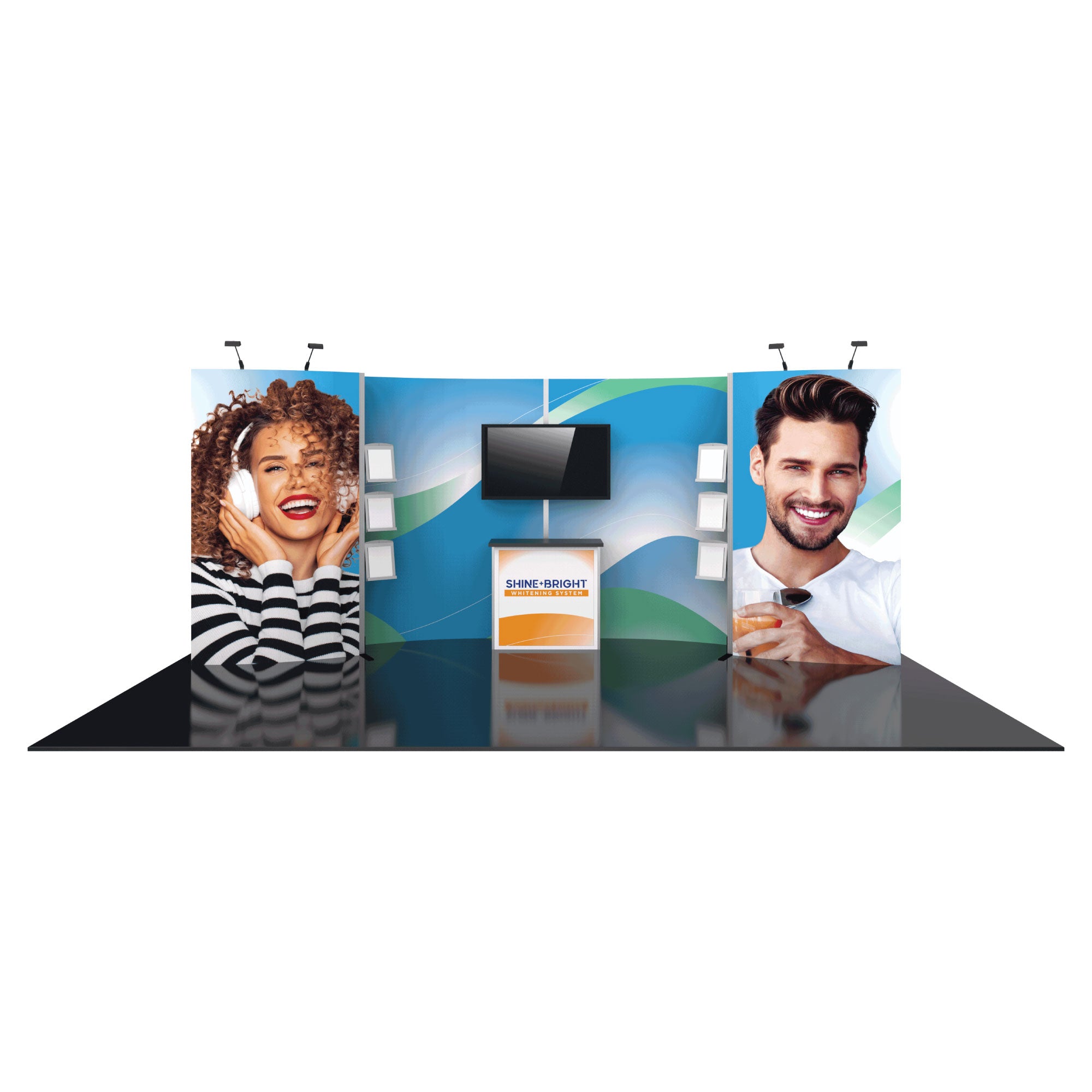 Modular trade show display with large graphics, TV monitor, literature holders, and branded counter for exhibitions