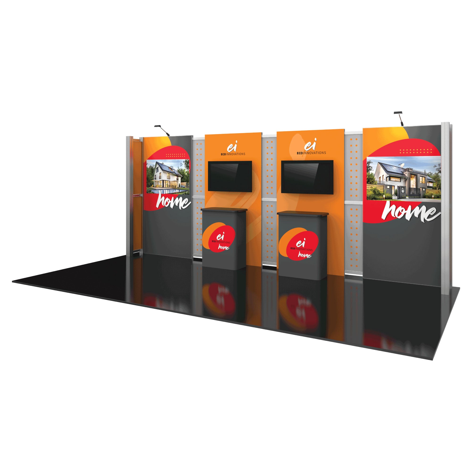 Modular trade show display with promo counters, TV screens, and graphic panels for exhibitions and events