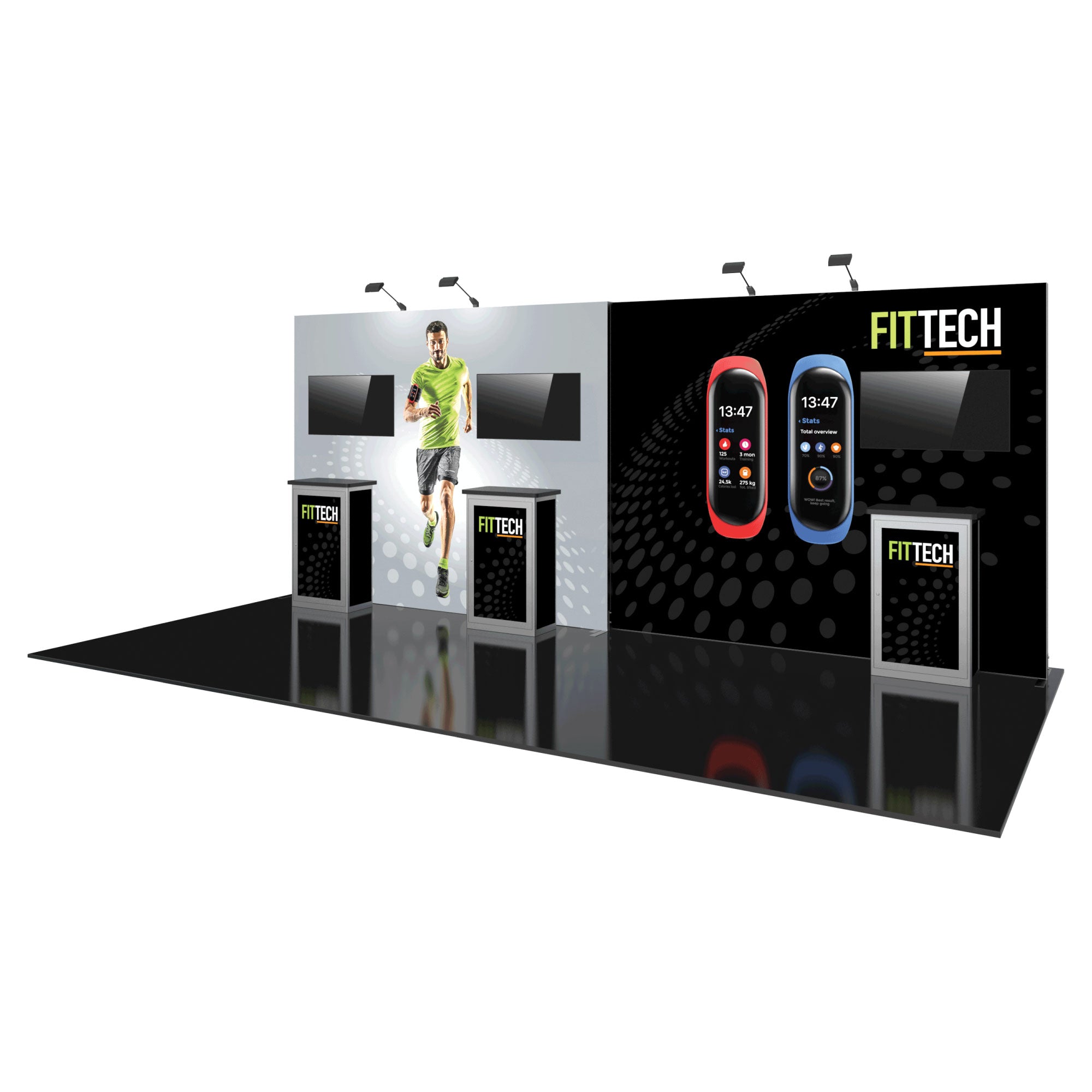 Modular trade show booth with digital fitness displays and promotional counters for exhibitions and events