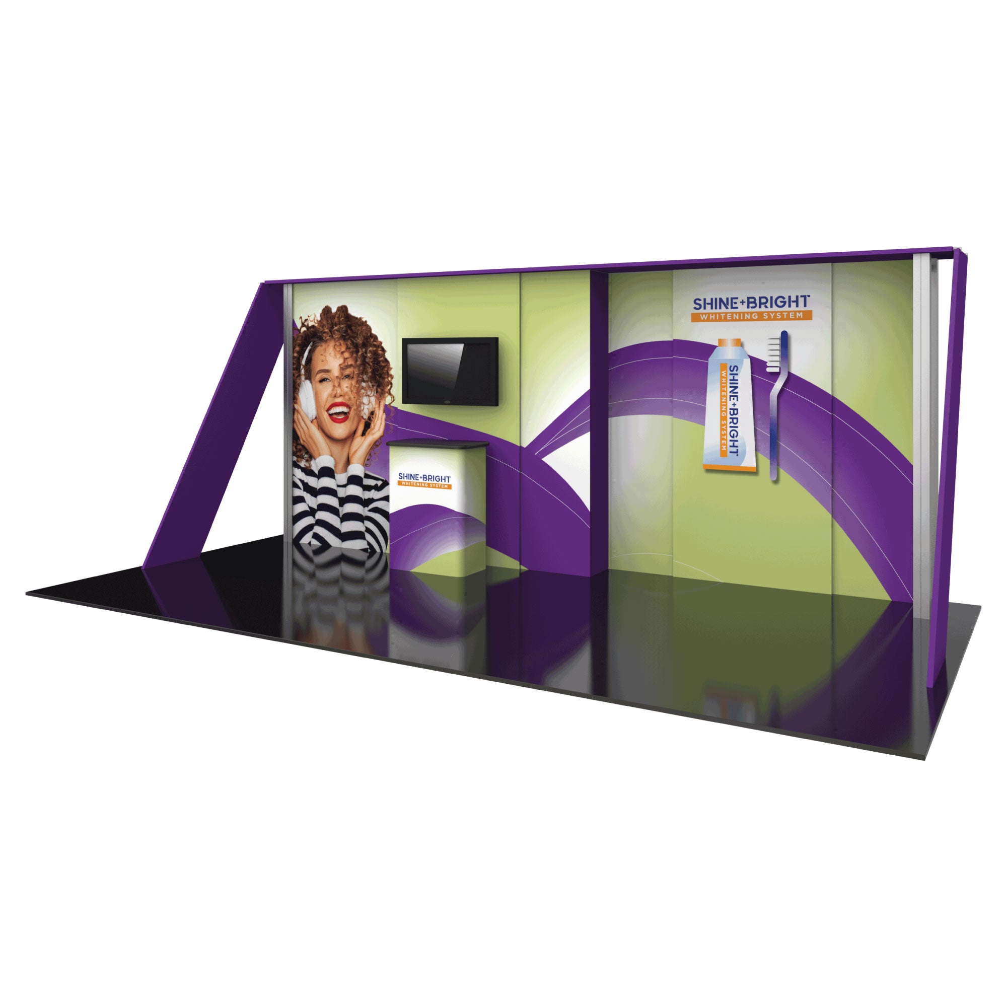 Modular trade show booth with large graphics and monitor for exhibitions and special events