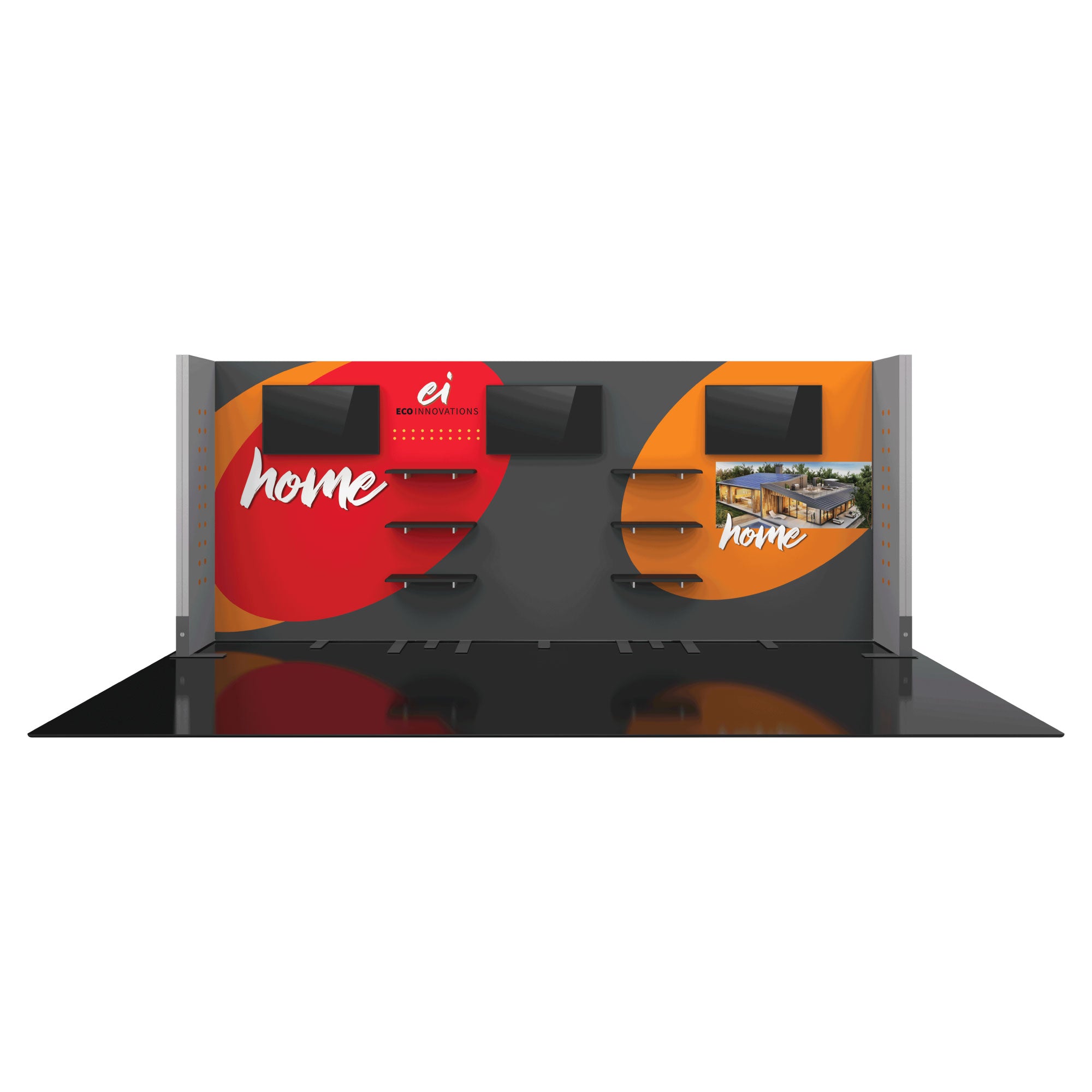 Modular trade show display with multiple TV screens and shelves for exhibitions and special events