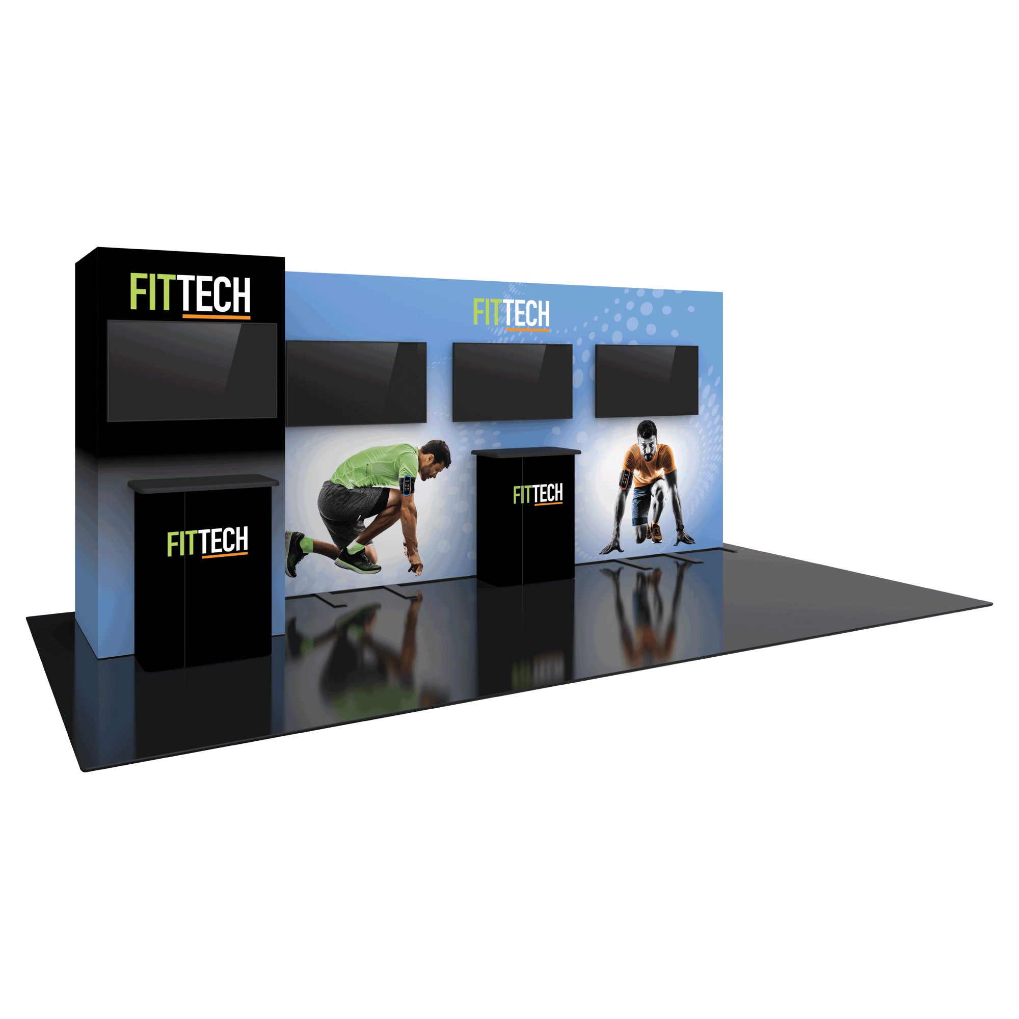 Modular trade show exhibit with multiple displays and counters featuring athletic branding for exhibitions and events