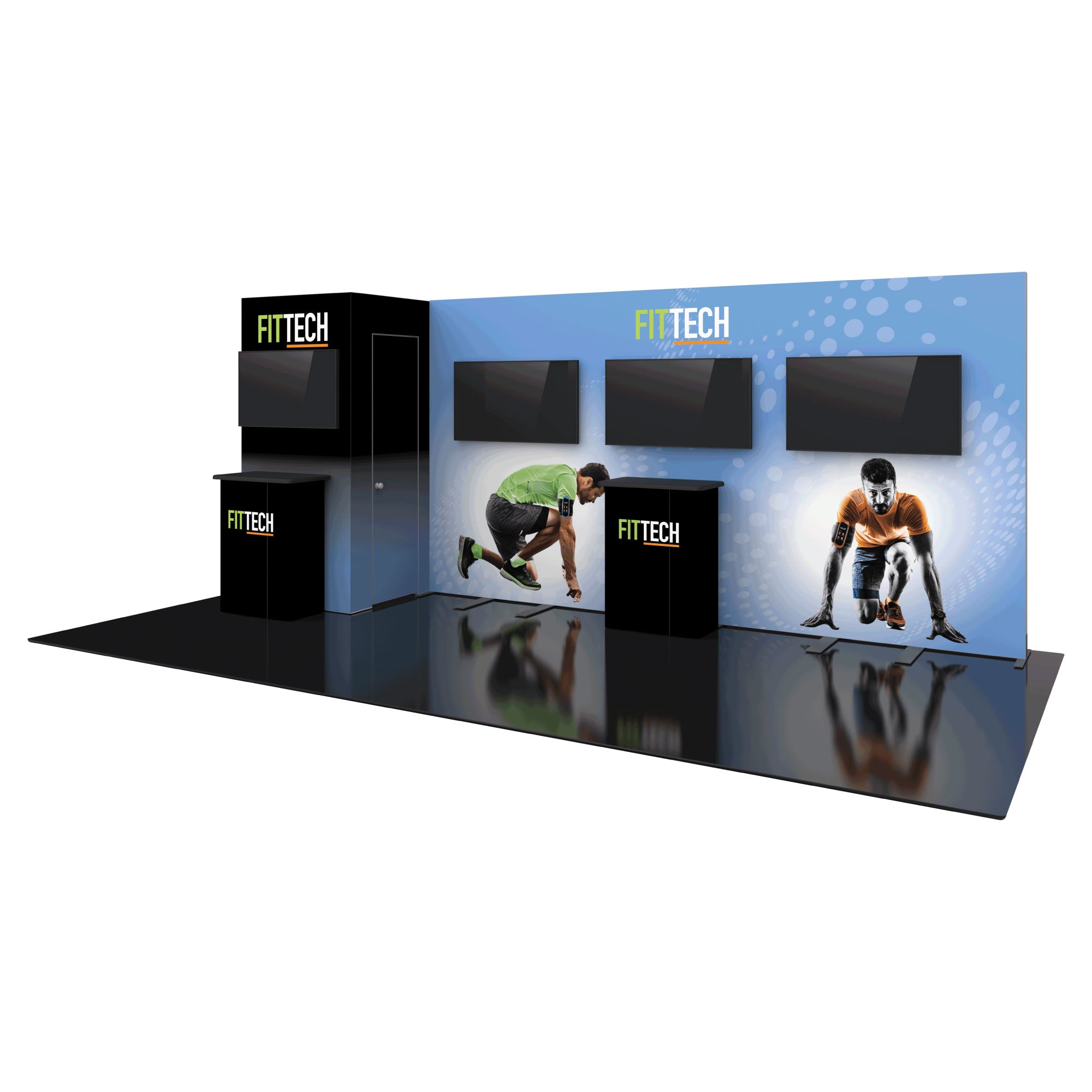 Modular trade show display booth with branded counters, large graphics, and mounted monitors for exhibitions