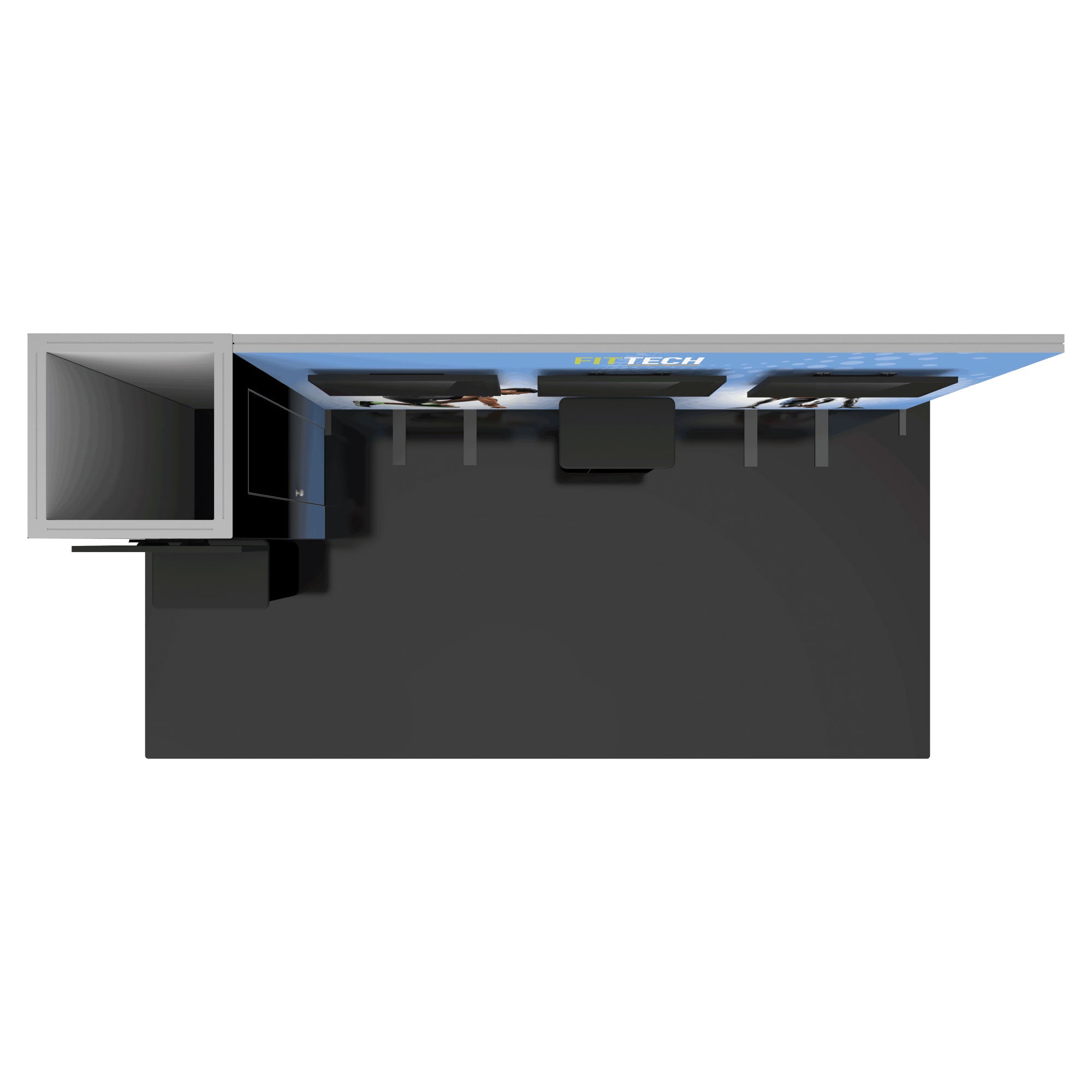 Modular trade show booth with branded back wall, display monitors, and central counter for exhibitions