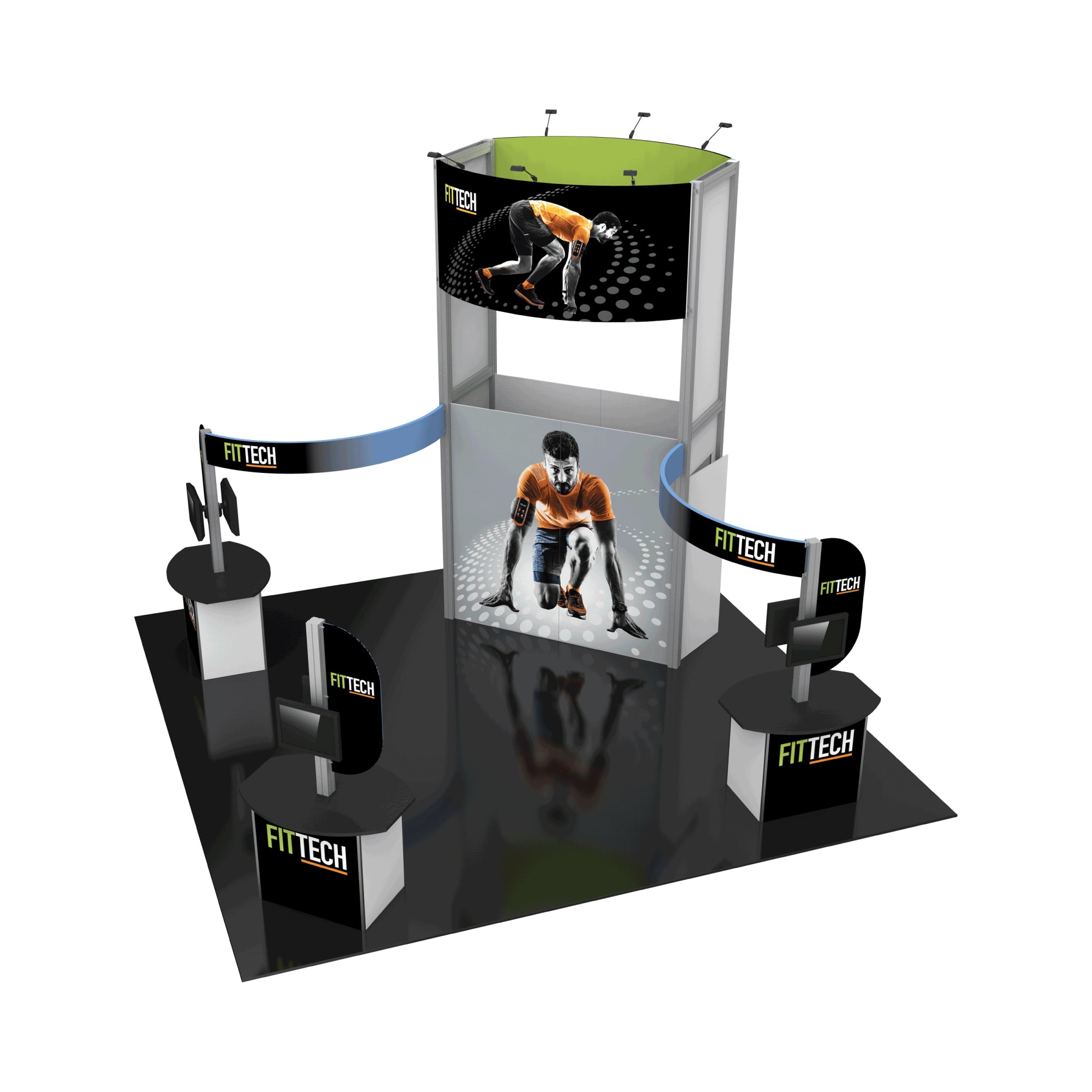 trade show booth display with branded curved banners, interactive screens, and athlete graphics for exhibitions